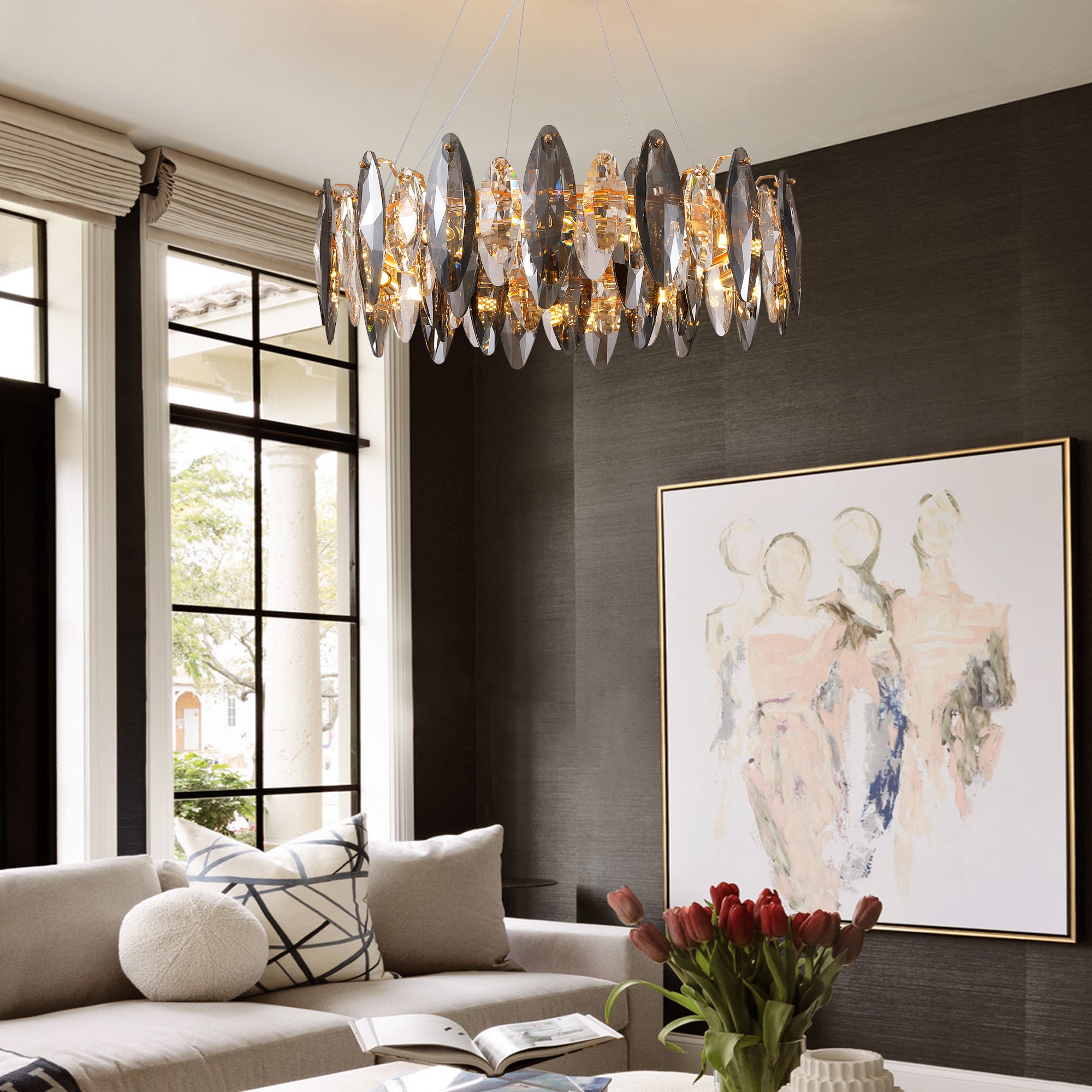 12-Light Dimmable Drum Crystal Chandelier, Modern Luxury Lighting for Kitchen Island Dining Room
