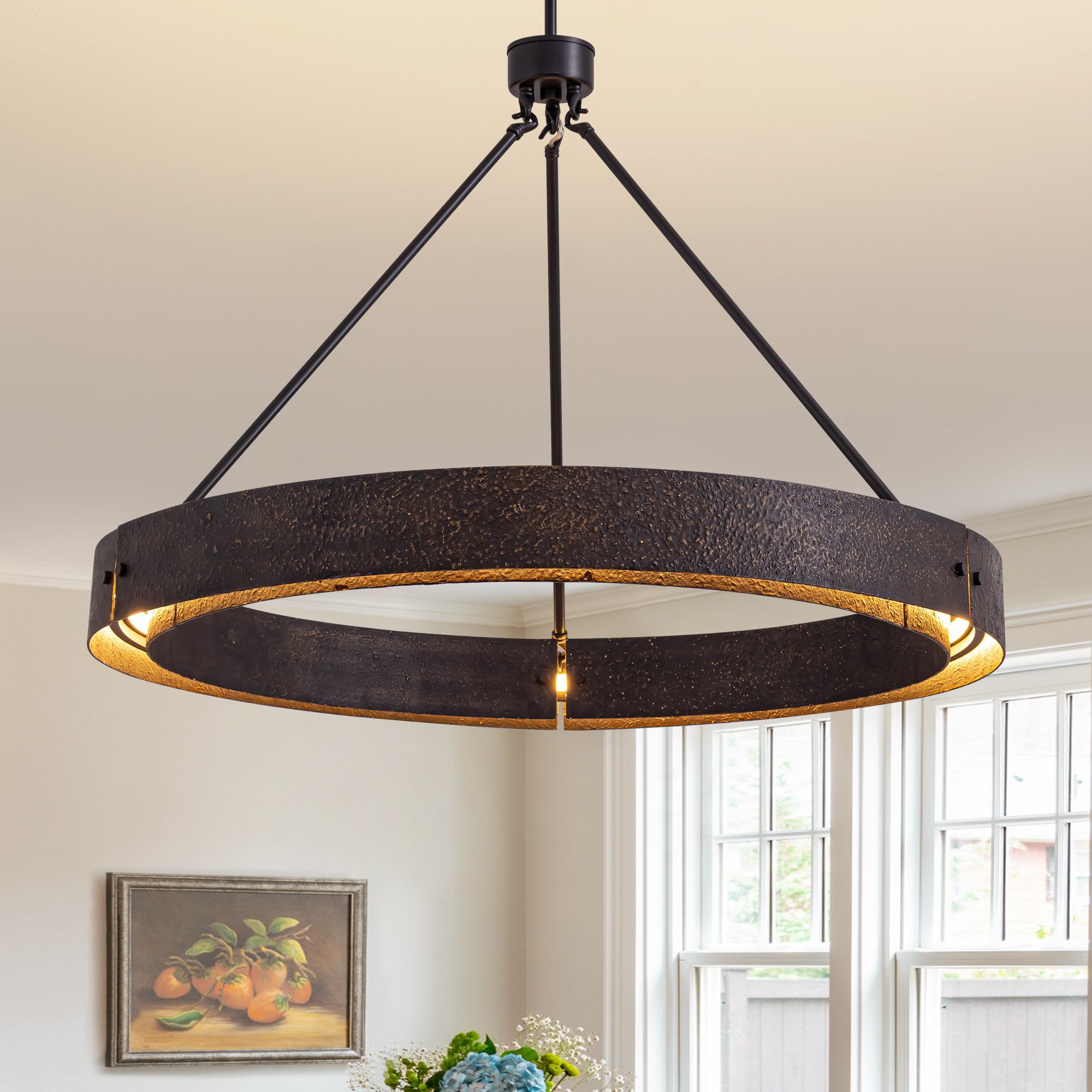 31.5" Rustic Round Chandelier With Integrated Led, Vintage Industrial Farmhouse Ceiling Light