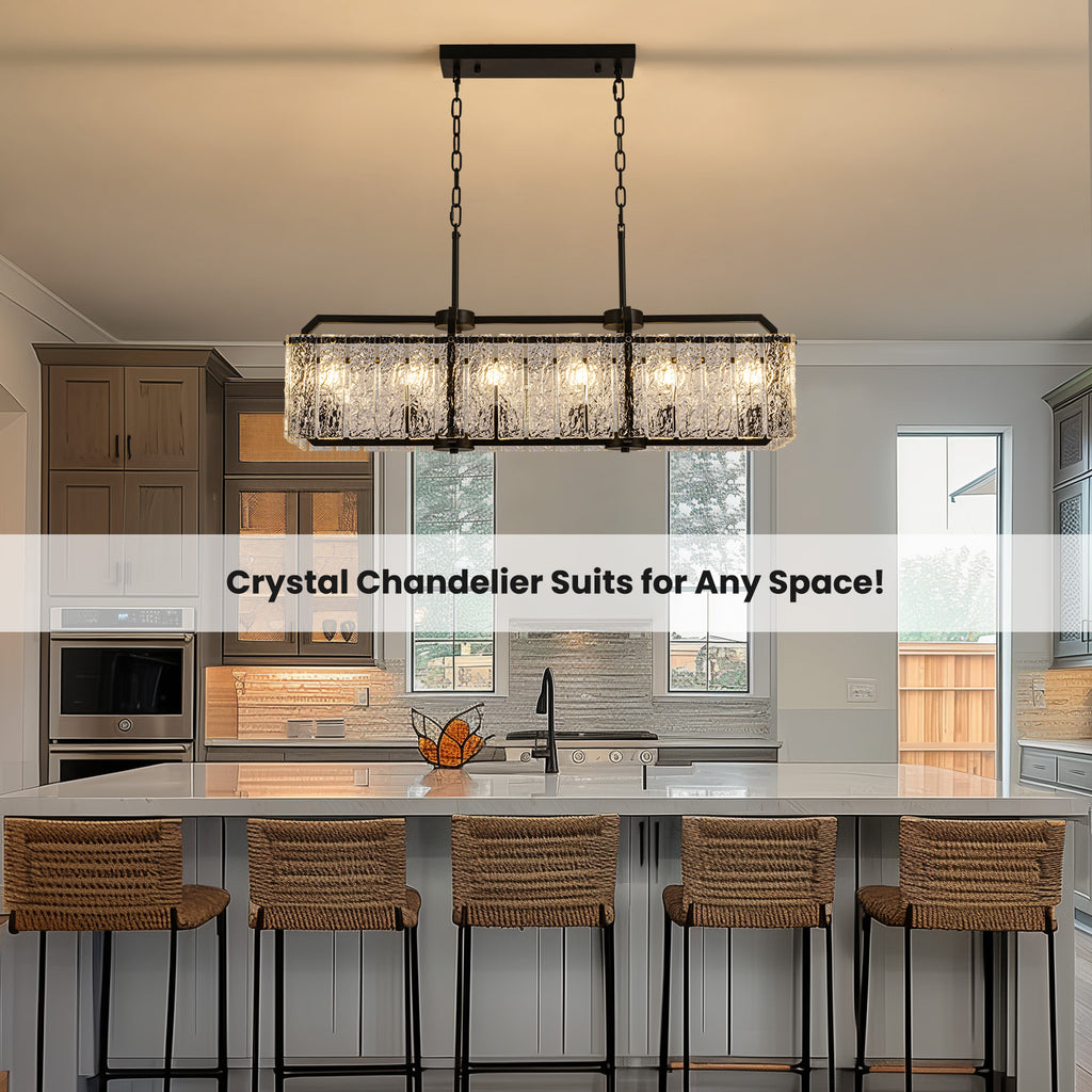 40 in. Modern Dimmable 6-Light Rectangle Black Crystal Chandelier for Dinning Room