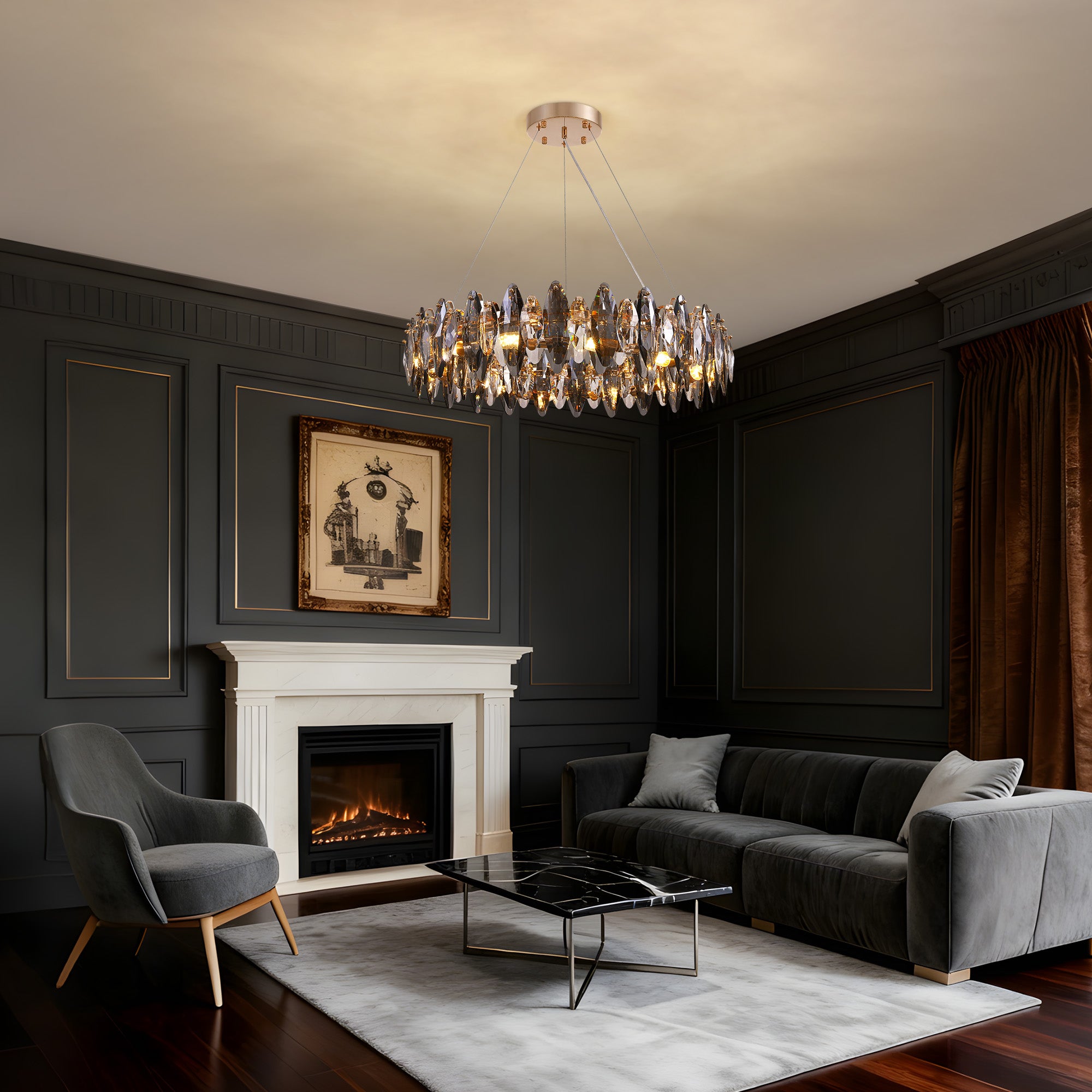 12-Light Dimmable Drum Crystal Chandelier