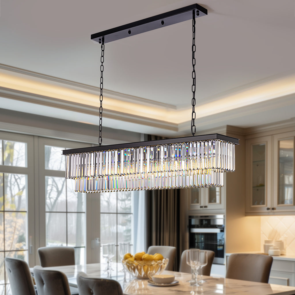 8 Light Crystal Tiered Rectangle Linear Matte Black Chandelier for Kitchen Island with No Bulbs Included