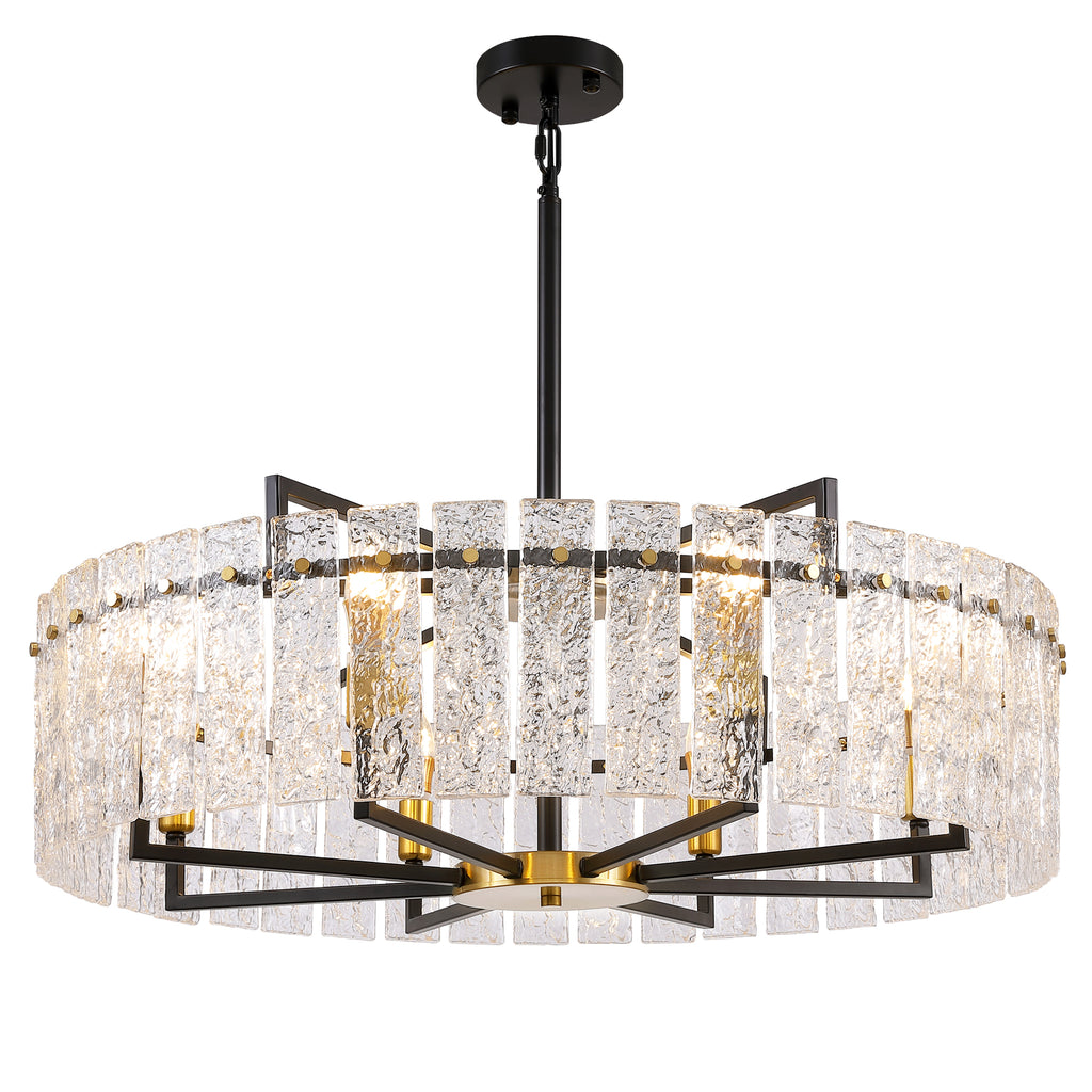 8 - Light Dimmable  Drum Chandelier with Textured Glass, Modern Lighting for Kitchen Island or Dining Room