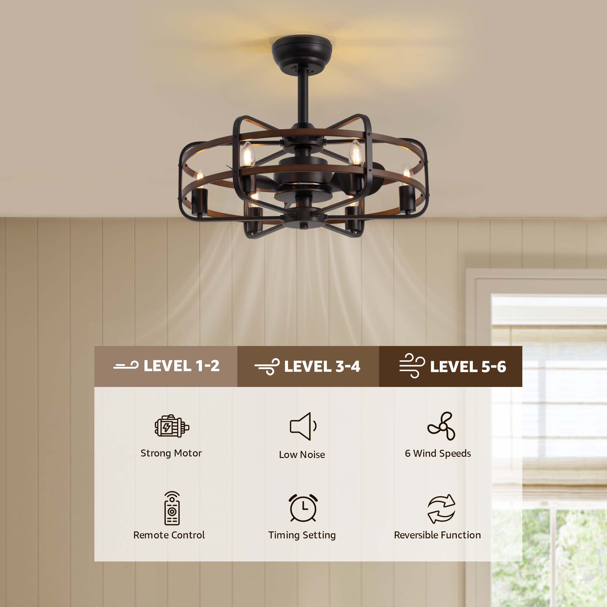 25 in. Farmhouse Indoor Vintage Caged Ceiling Fan with Lights and Remote Control, Black and Walnut Color Chandelier Fan