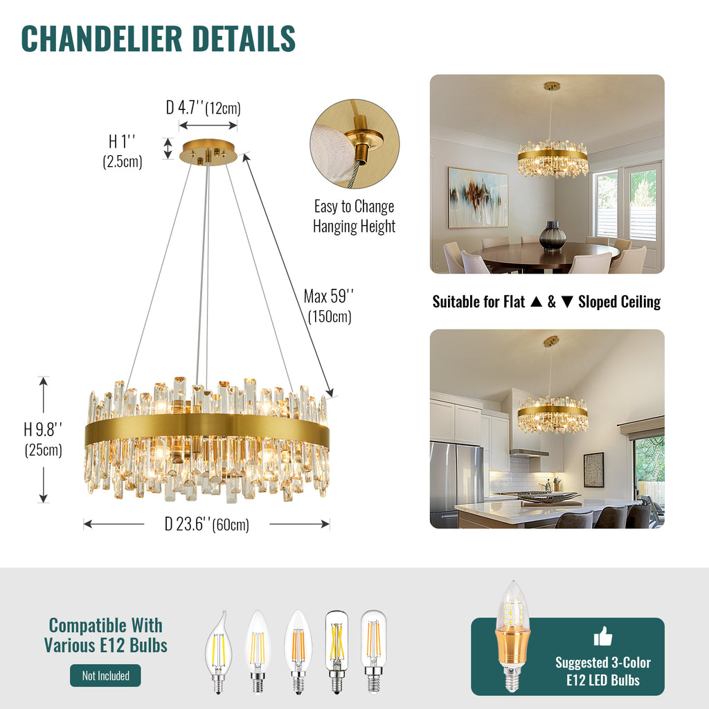 20 in. Modern 12-Light Brass Gold Crystal Chandelier for Light Dining Room or Kitchen
