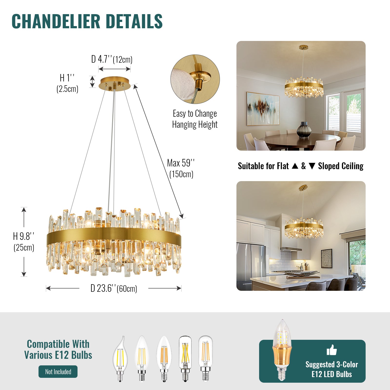 20 in. Modern 12-Light Brass Gold Crystal Chandelier for Light Dining Room or Kitchen