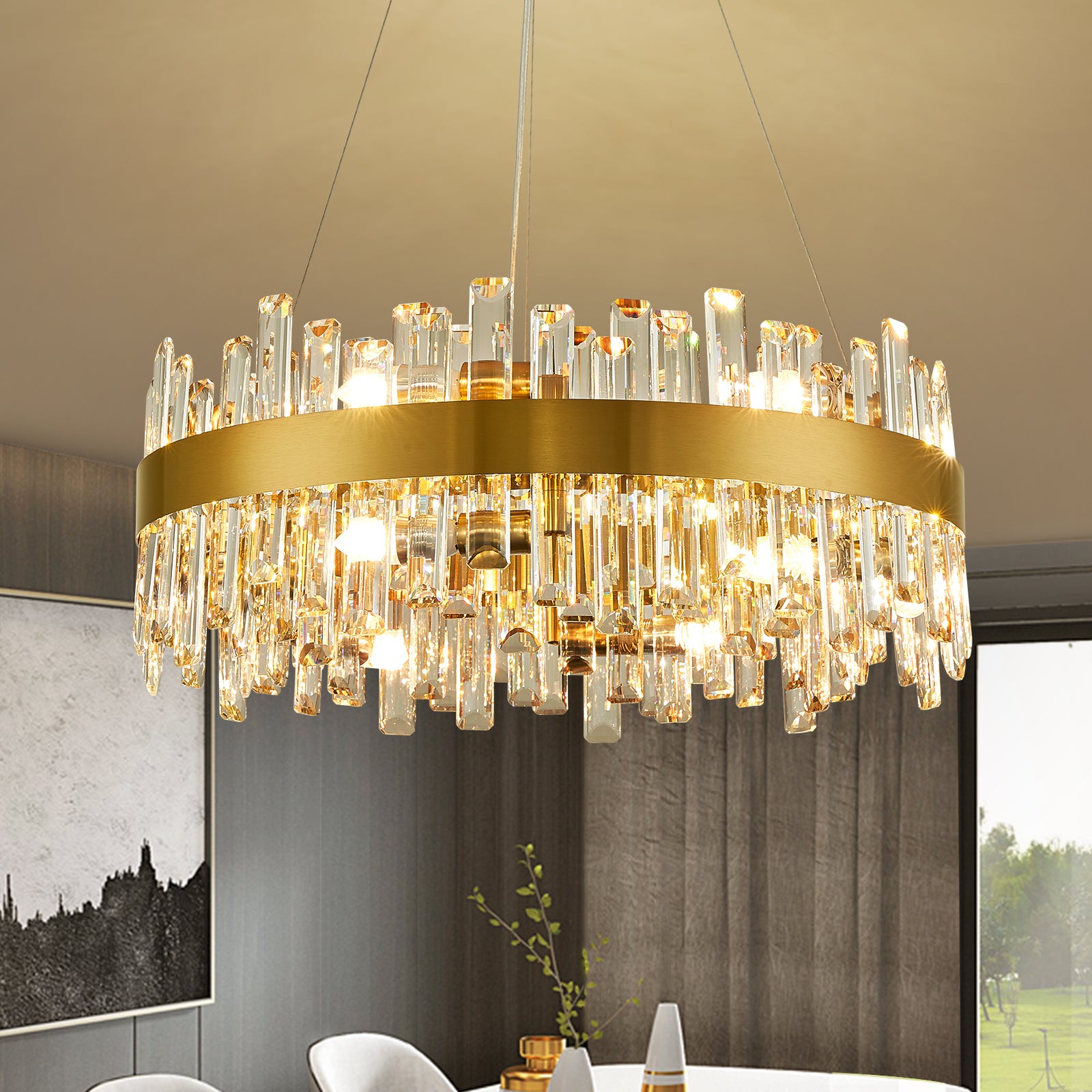 20 in. Modern 12-Light Brass Gold Crystal Chandelier for Light Dining Room or Kitchen