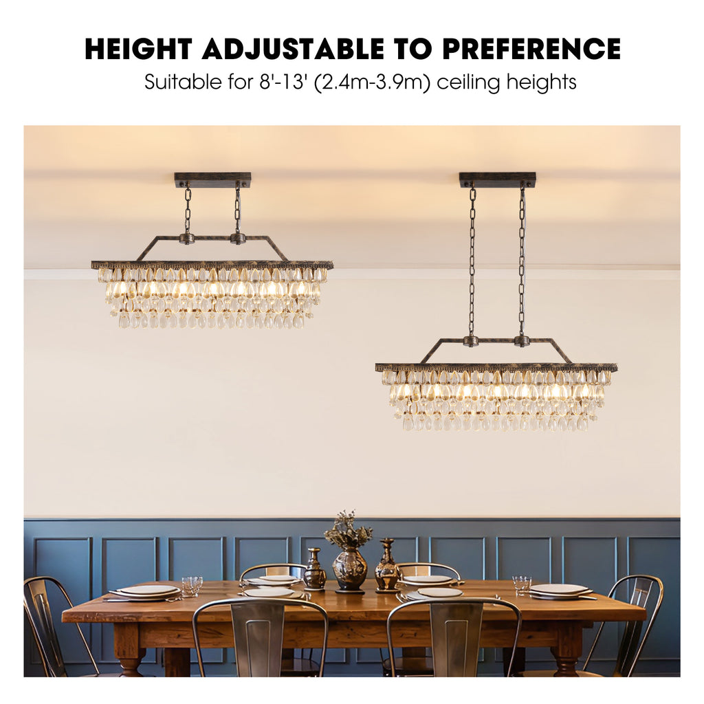 7-Light Dimmable Rustic Vintage Rectangle Tiered Crystal Chandelier with Antique Bronze Finish