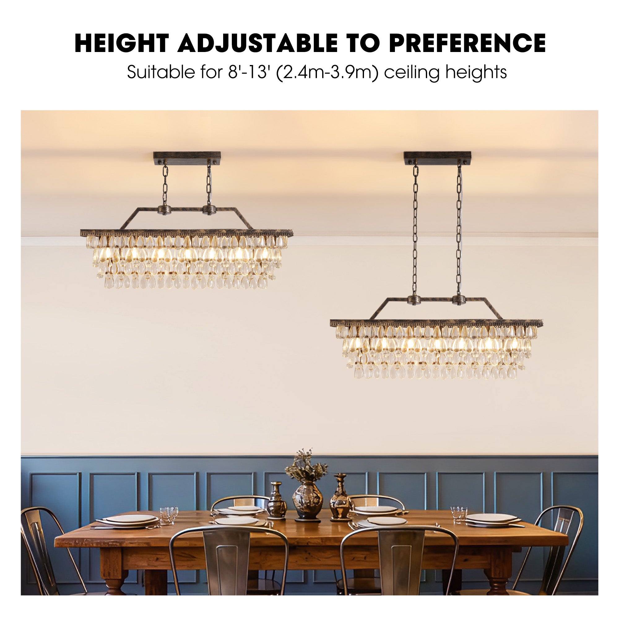 7-Light Dimmable Rustic Vintage Rectangle Tiered Crystal Chandelier with Antique Bronze Finish