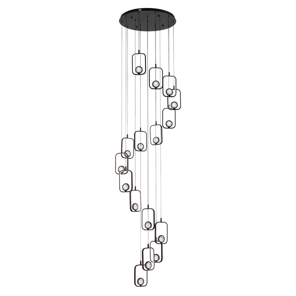 16-Light Black Cylinder Chandelier with Crystal Balls, Dimmable LED Lights & Remote Control for High Ceilings