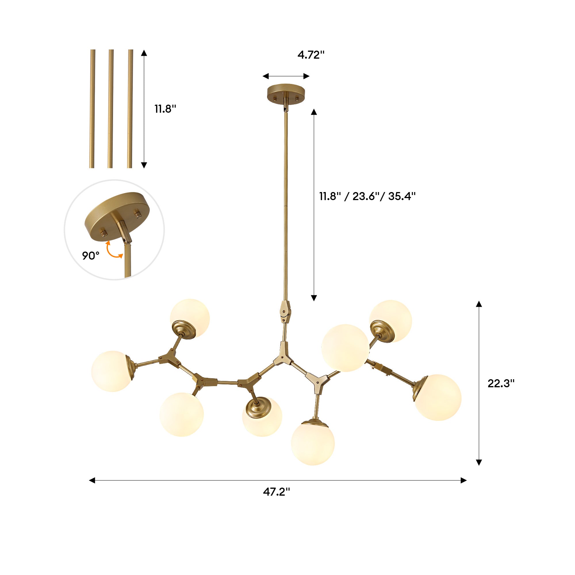 8-Light Dimmable Modern Sputnik Linear Chandelier with Glass Globe Shades