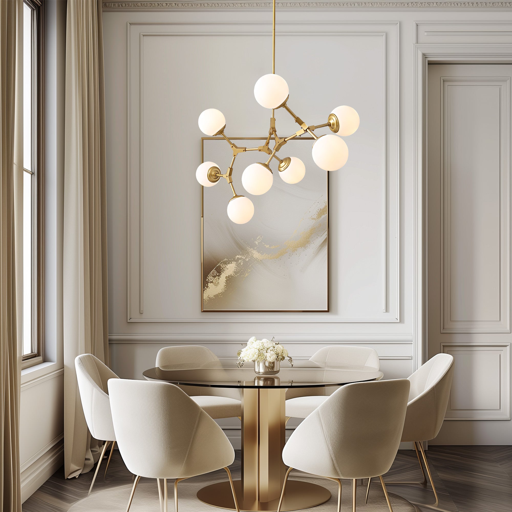 8-Light Dimmable Modern Sputnik Linear Chandelier with Glass Globe Shades