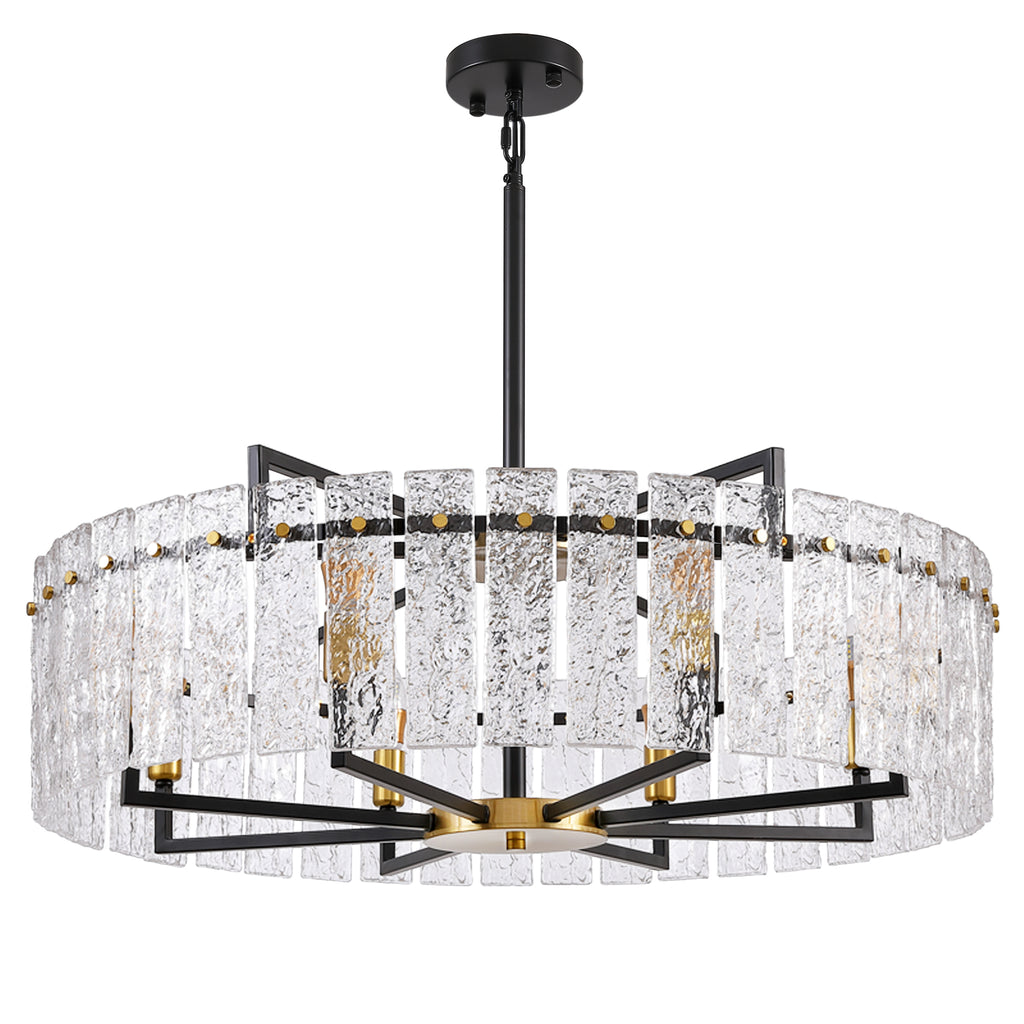8 - Light Dimmable  Drum Chandelier with Textured Glass, Modern Lighting for Kitchen Island or Dining Room