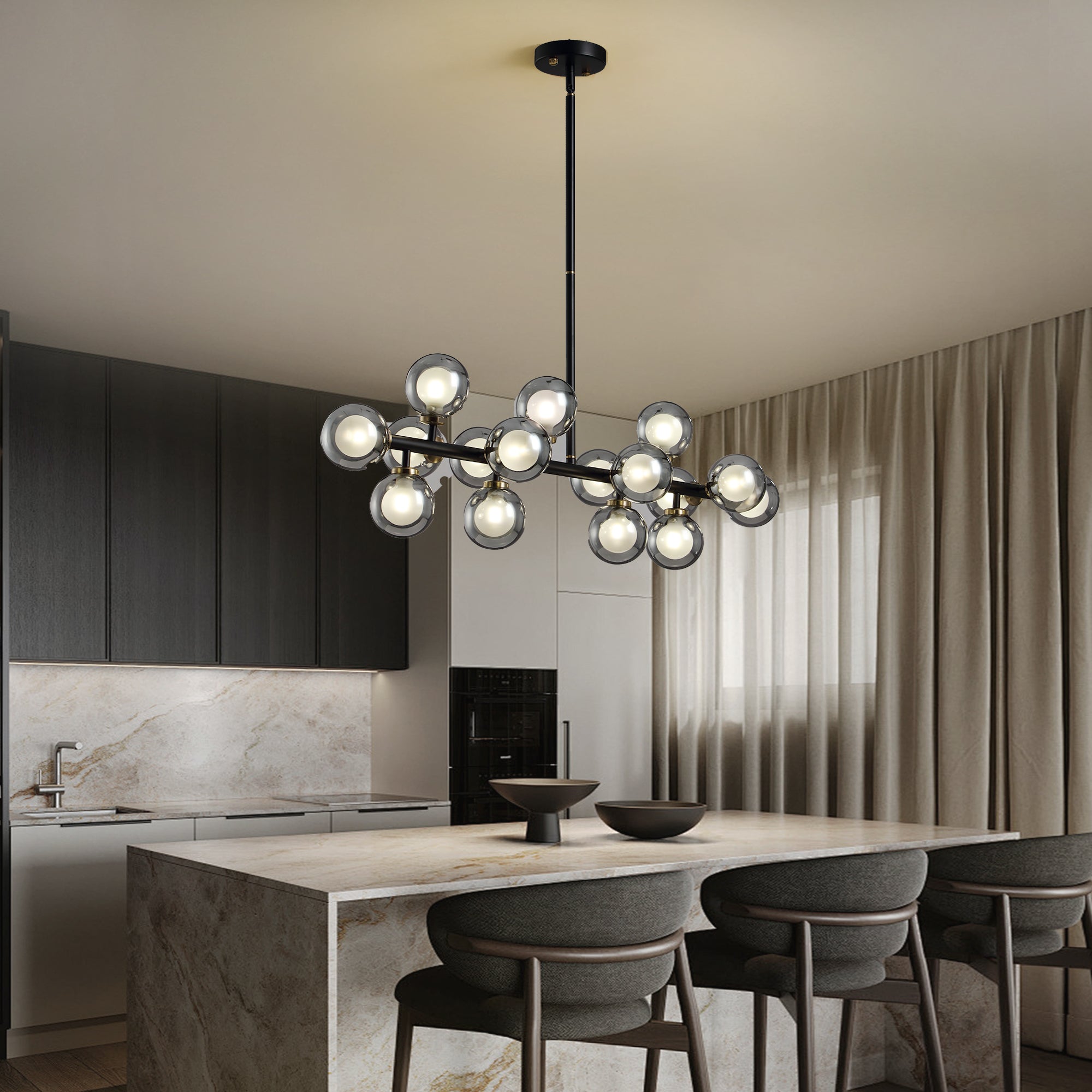 40 in. 16-Light Modern Black Dimmable Bubble Glass Sputnik Glass Globe Chandelier for Dining Room and Living Room