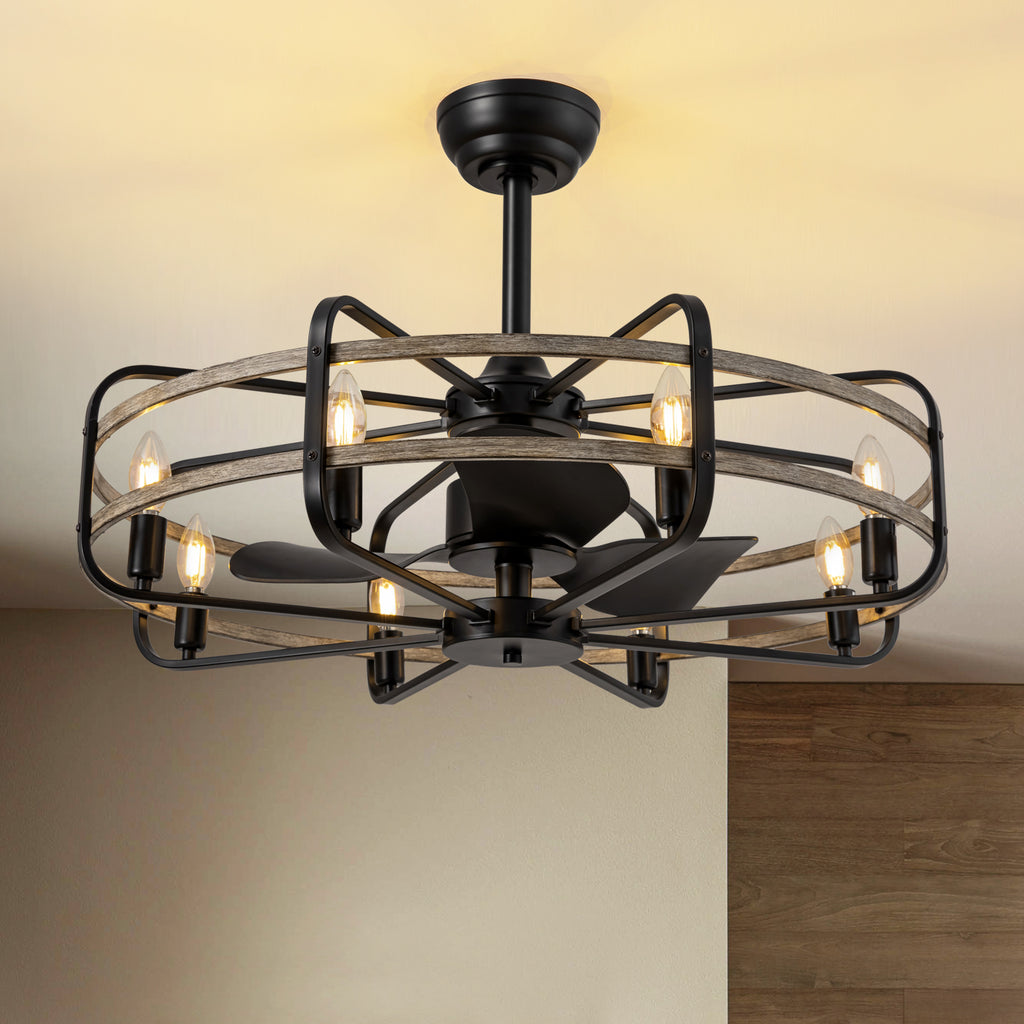 30 in. Indoor Farmhouse Black Downrod Mount Caged Ceiling Fan with Lights and Remote Wood Grain Industrial