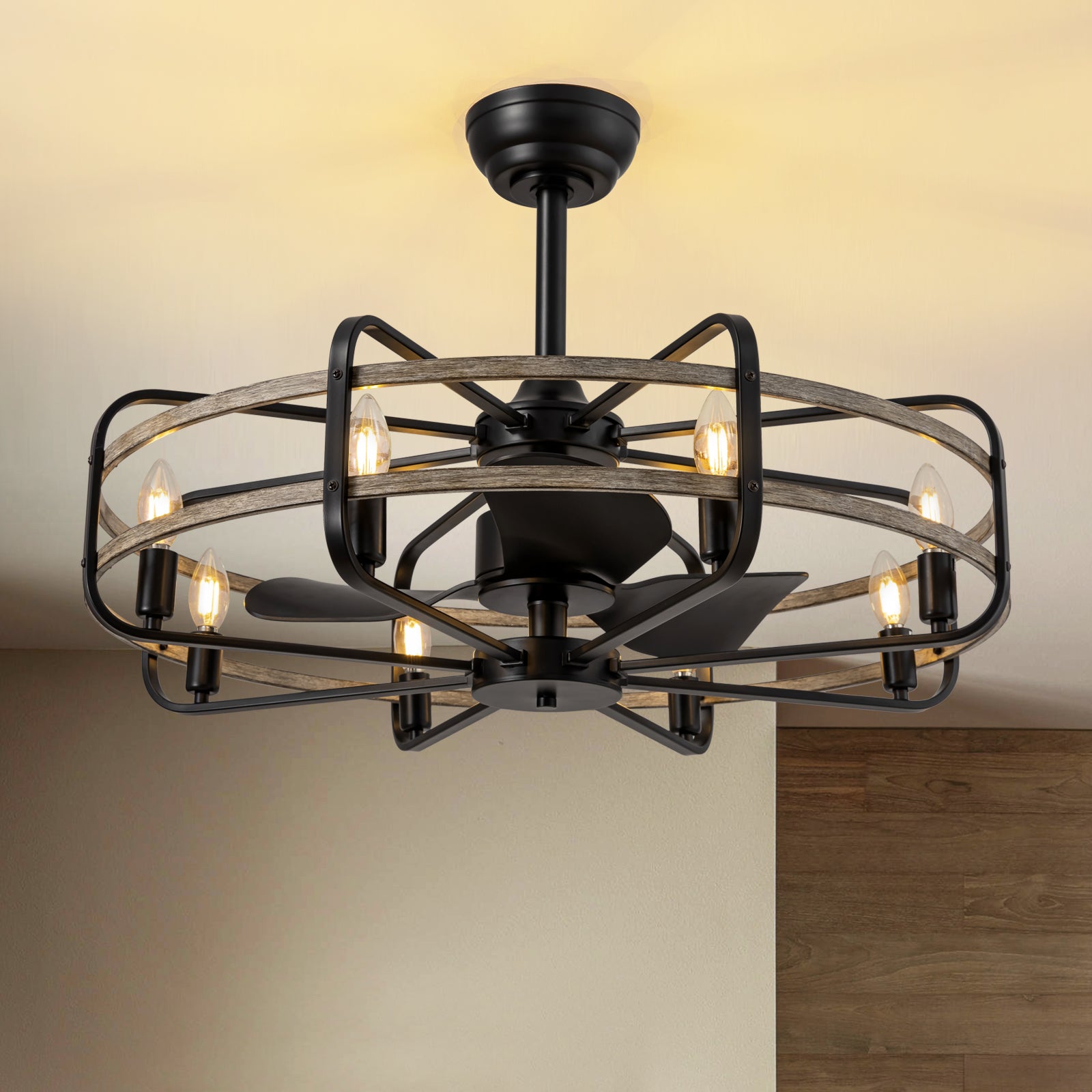 30 in. Indoor Farmhouse Black Downrod Mount Caged Ceiling Fan with Lights and Remote Wood Grain Industrial