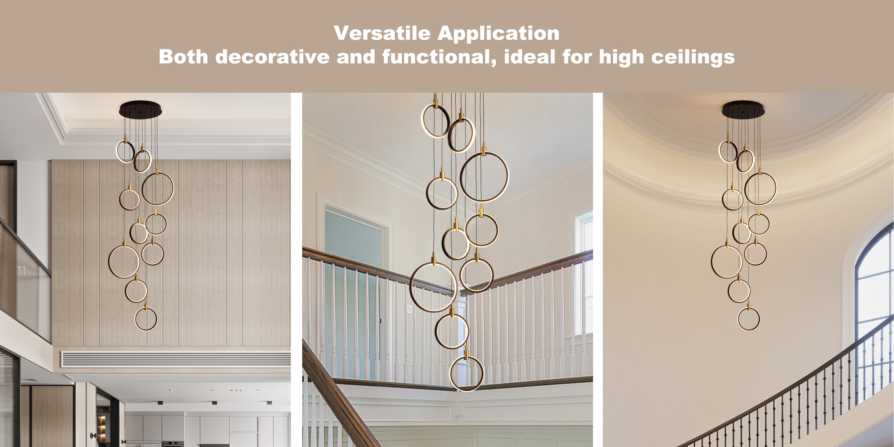 10-Ring LED Dimmable Geometric Chandelier, Black and Gold Foyer Light for High Ceilings with Remote & App Control
