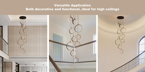 10-Ring LED Dimmable Geometric Chandelier, Black and Gold Foyer Light for High Ceilings with Remote & App Control