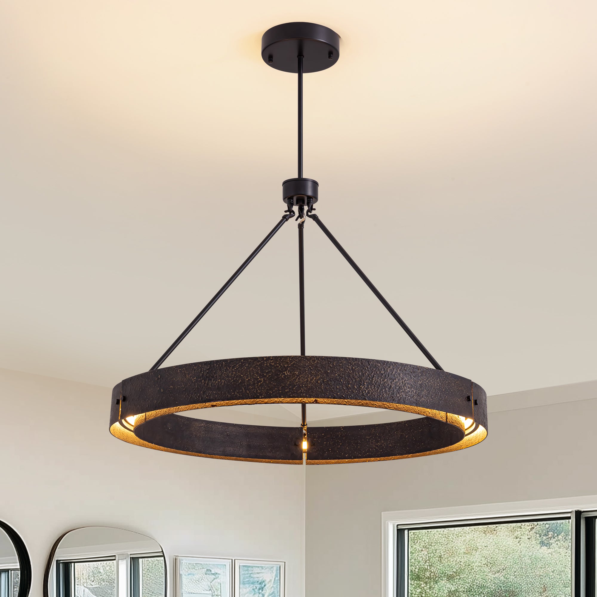 31.5" Rustic Round Chandelier With Integrated Led, Vintage Industrial Farmhouse Ceiling Light