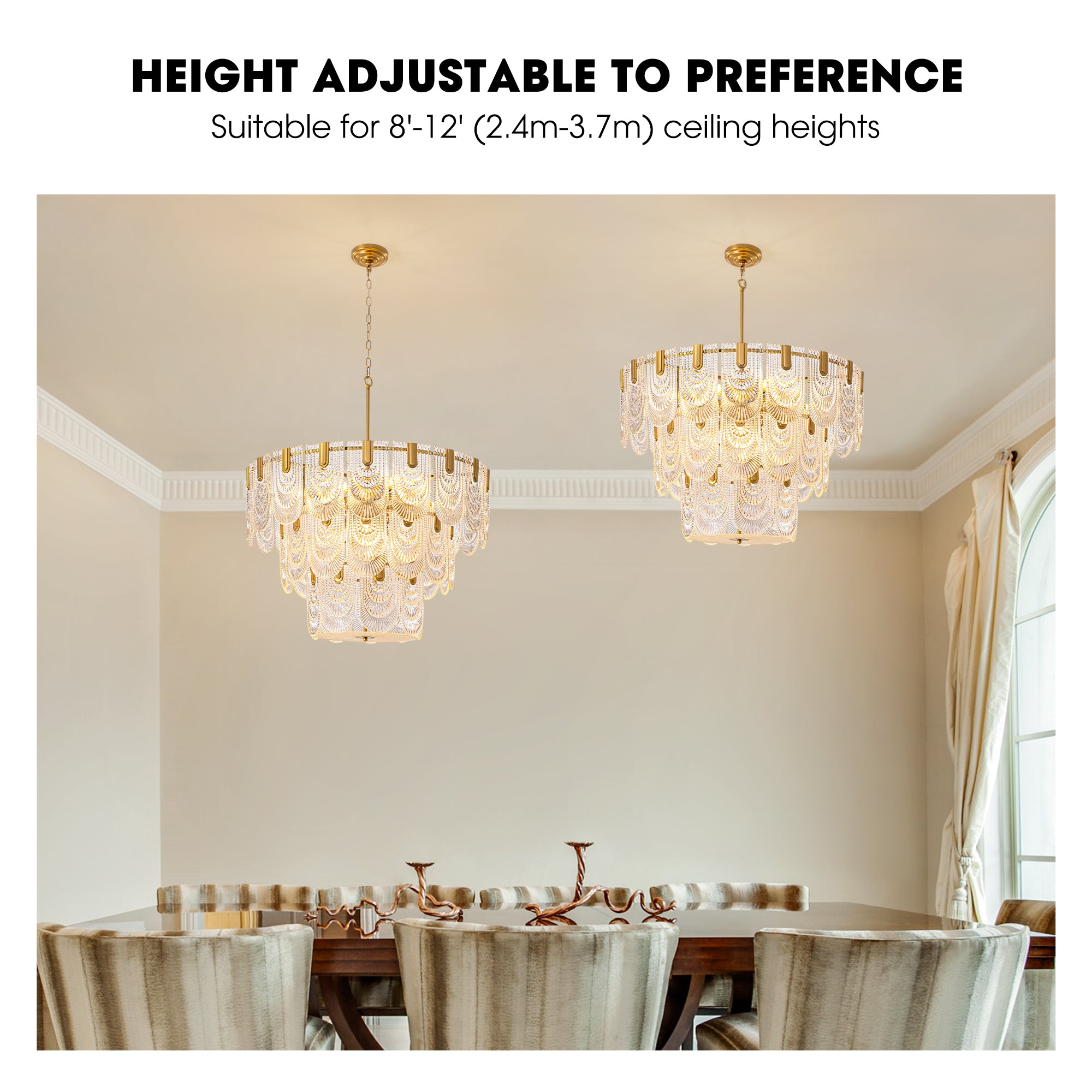 32 in. Modern 12-Light Electroplated Gold 3-Layer Glass Chandelier Chandelier for Dining Room and Living Room