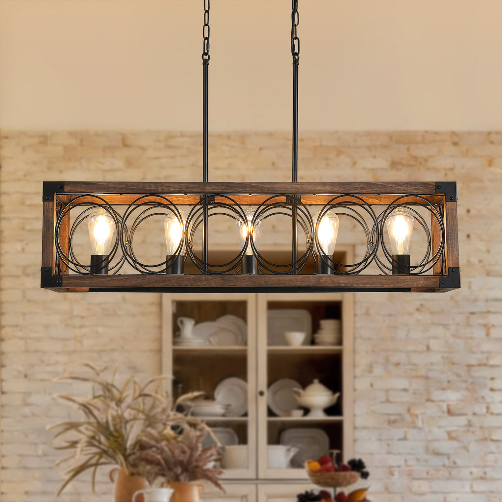 5 - Light Dimmable Modern Farmhouse Rectangle Solid Wood Chandelier