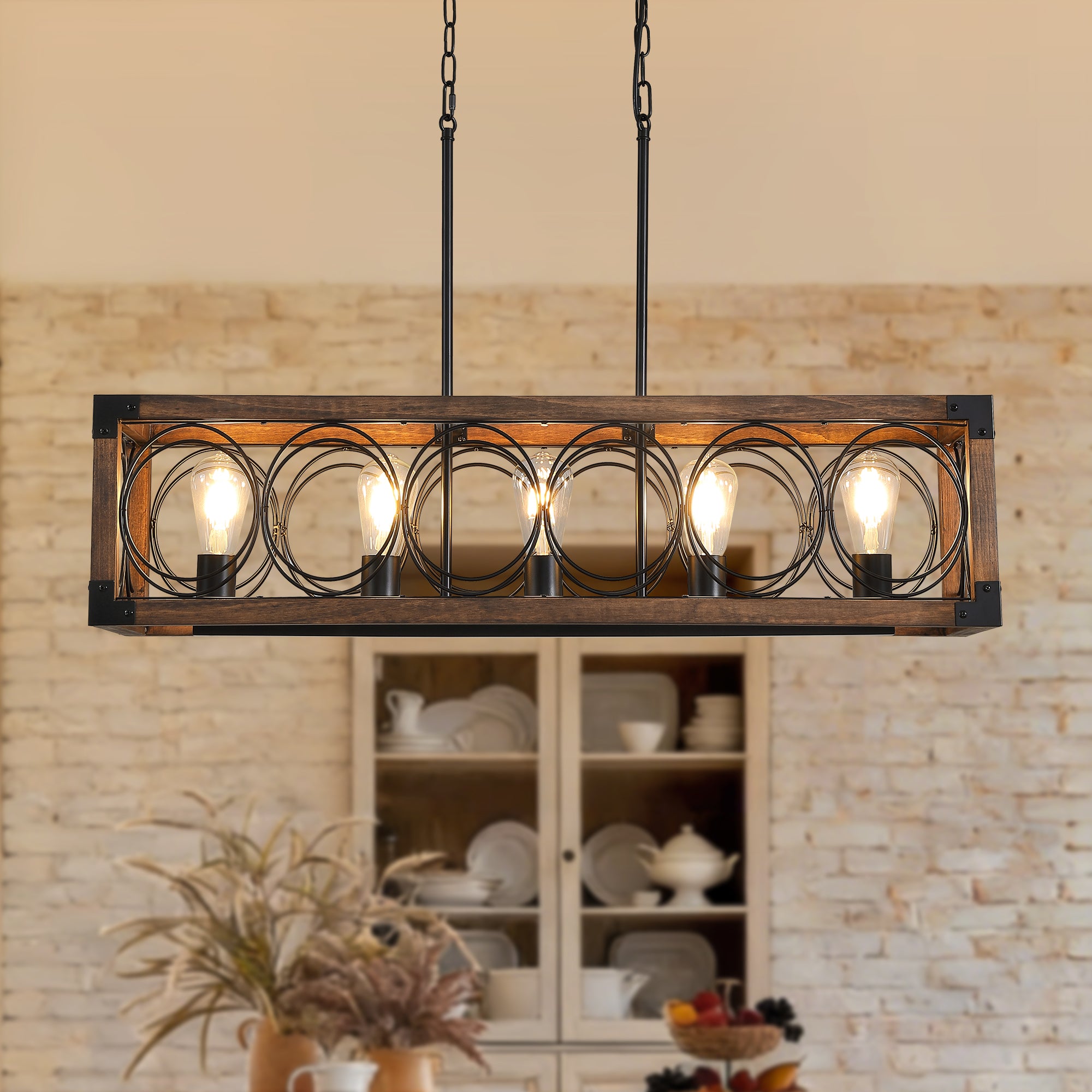 5 - Light Dimmable Modern Farmhouse Rectangle Solid Wood Chandelier