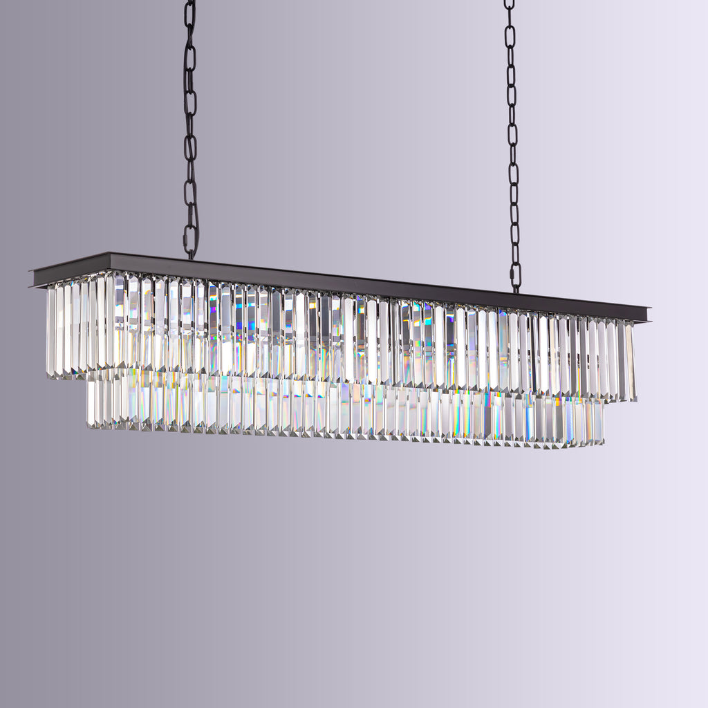 8 Light Crystal Tiered Rectangle Linear Matte Black Chandelier for Kitchen Island with No Bulbs Included