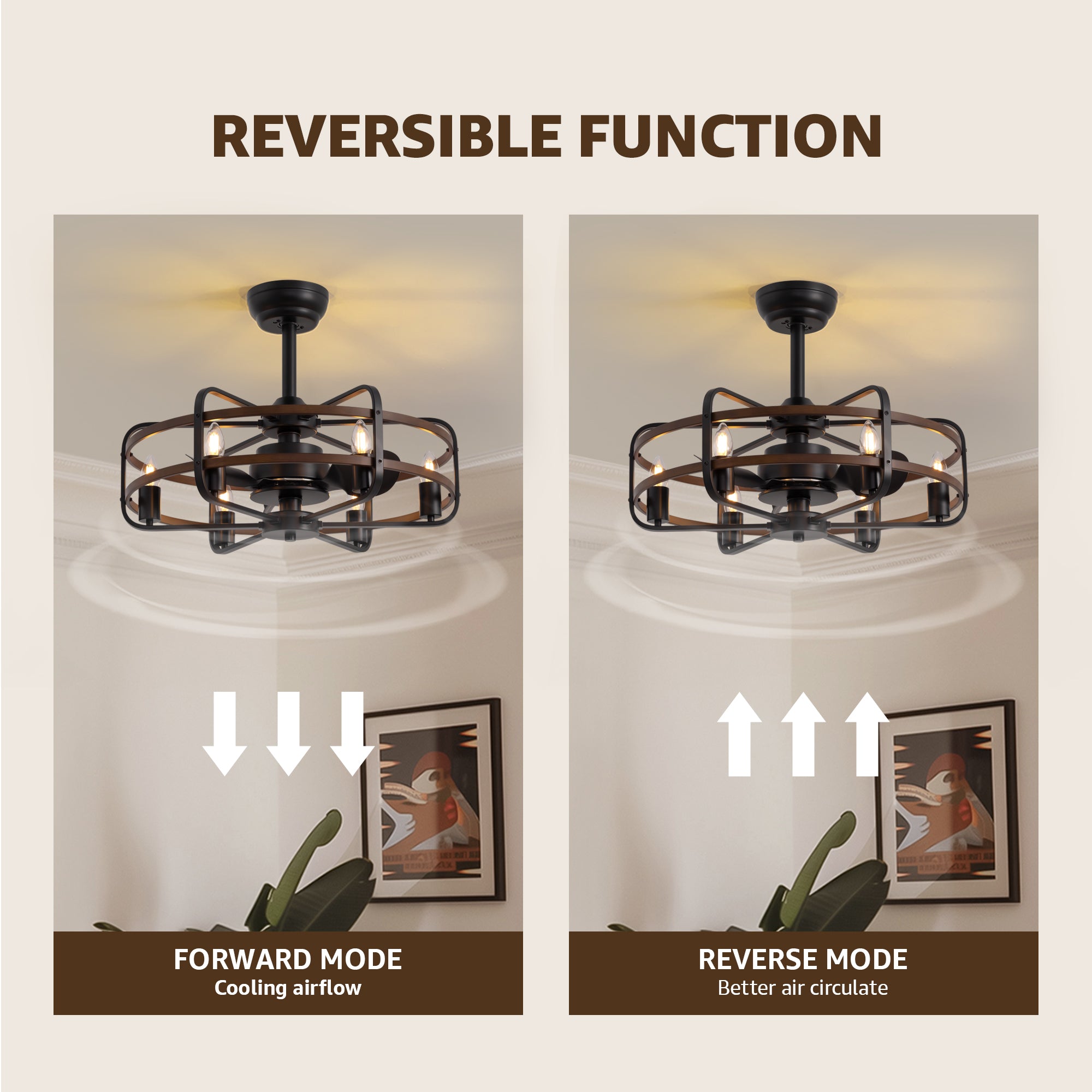 25 in. Farmhouse Indoor Vintage Caged Ceiling Fan with Lights and Remote Control, Black and Walnut Color Chandelier Fan