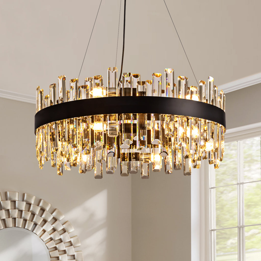 24 in. Modern 12-Light Black Crystal Chandelier Circle Round 2-Tiers Chandelier for Dining Living Room Bedroom