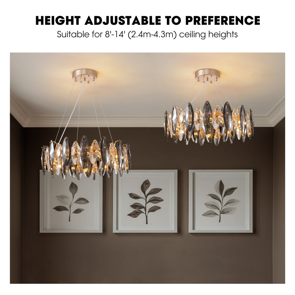12-Light Dimmable Drum Crystal Chandelier, Modern Luxury Lighting for Kitchen Island Dining Room