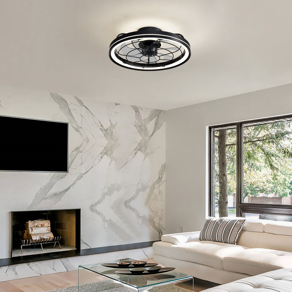 19 in. Indoor Black Caged Ceiling Fan with Integrated LED Light Modern Farmhouse Flush Mount Ceiling Fan