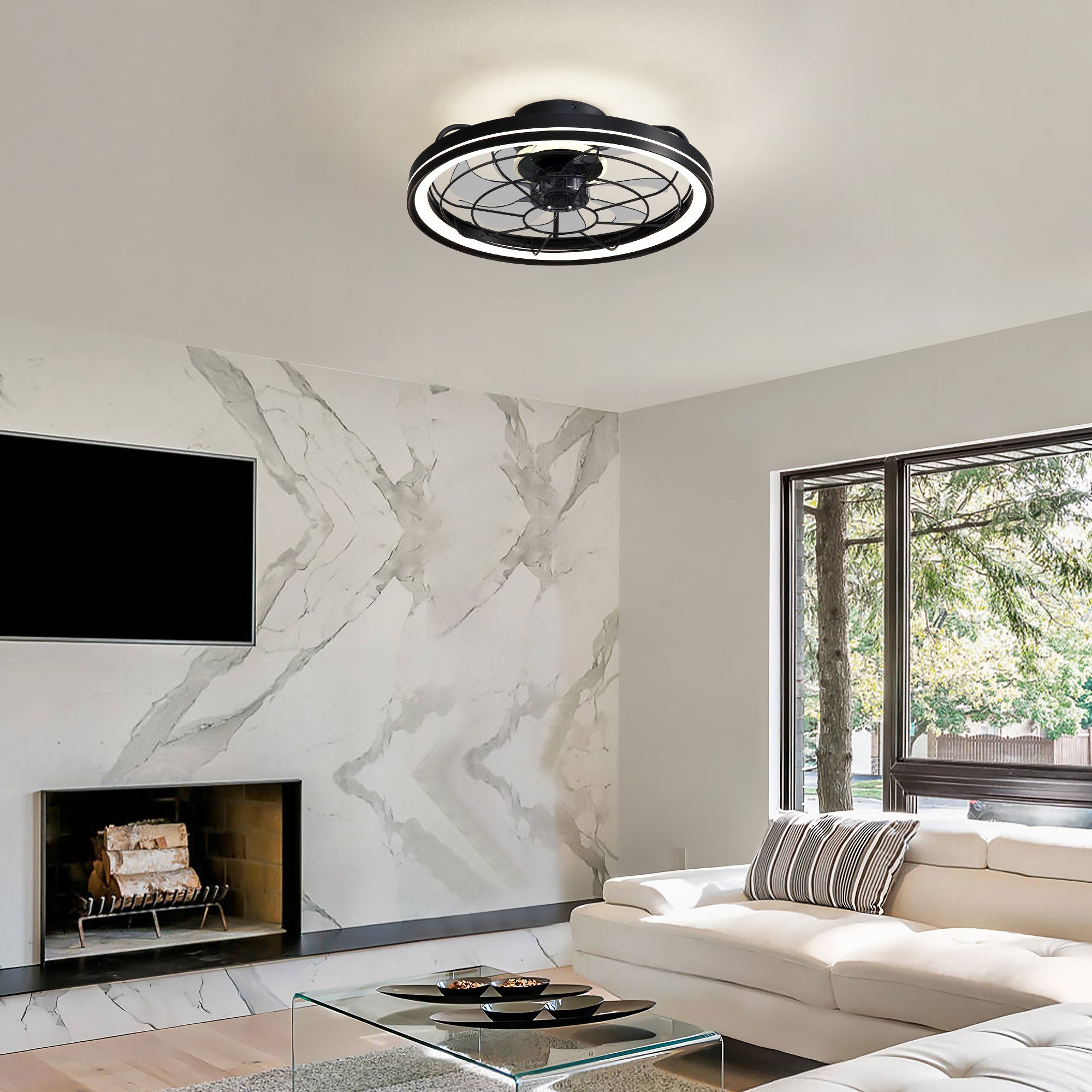 19 in. Indoor Black Caged Ceiling Fan with Integrated LED Light Modern Farmhouse Flush Mount Ceiling Fan