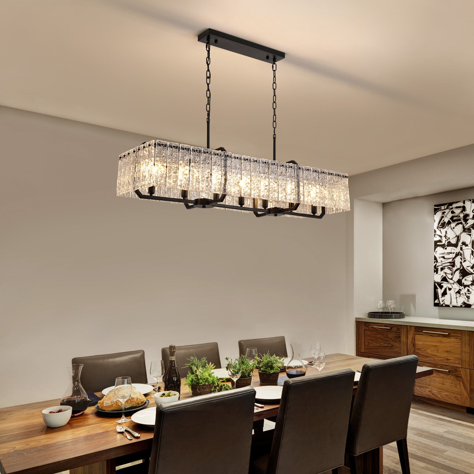 46.5 in. Modern Dimmable 7-Light Rectangle Black Crystal Chandelier for Dinning Room