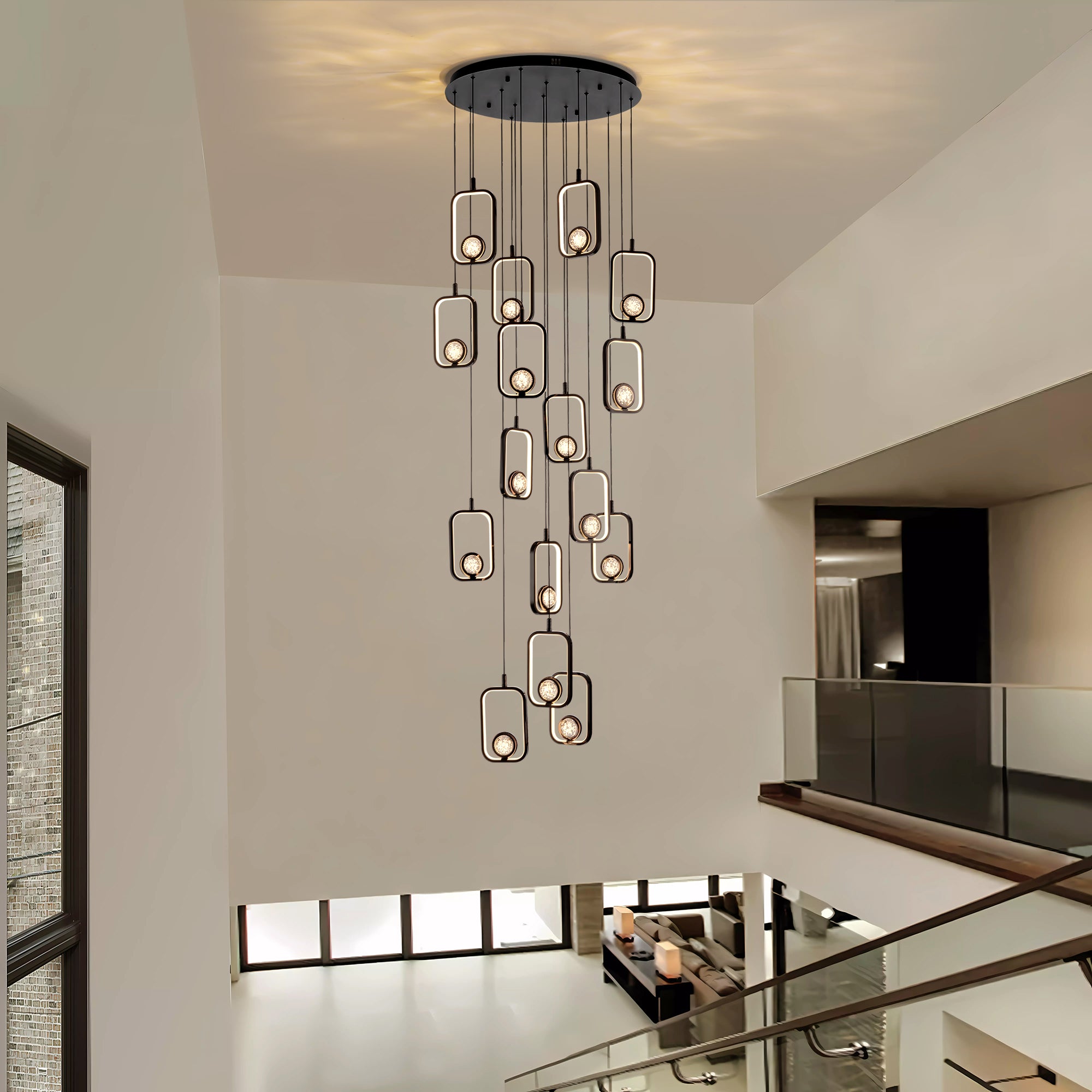 16-Light Black Cylinder Chandelier with Crystal Balls, Dimmable LED Lights & Remote Control for High Ceilings