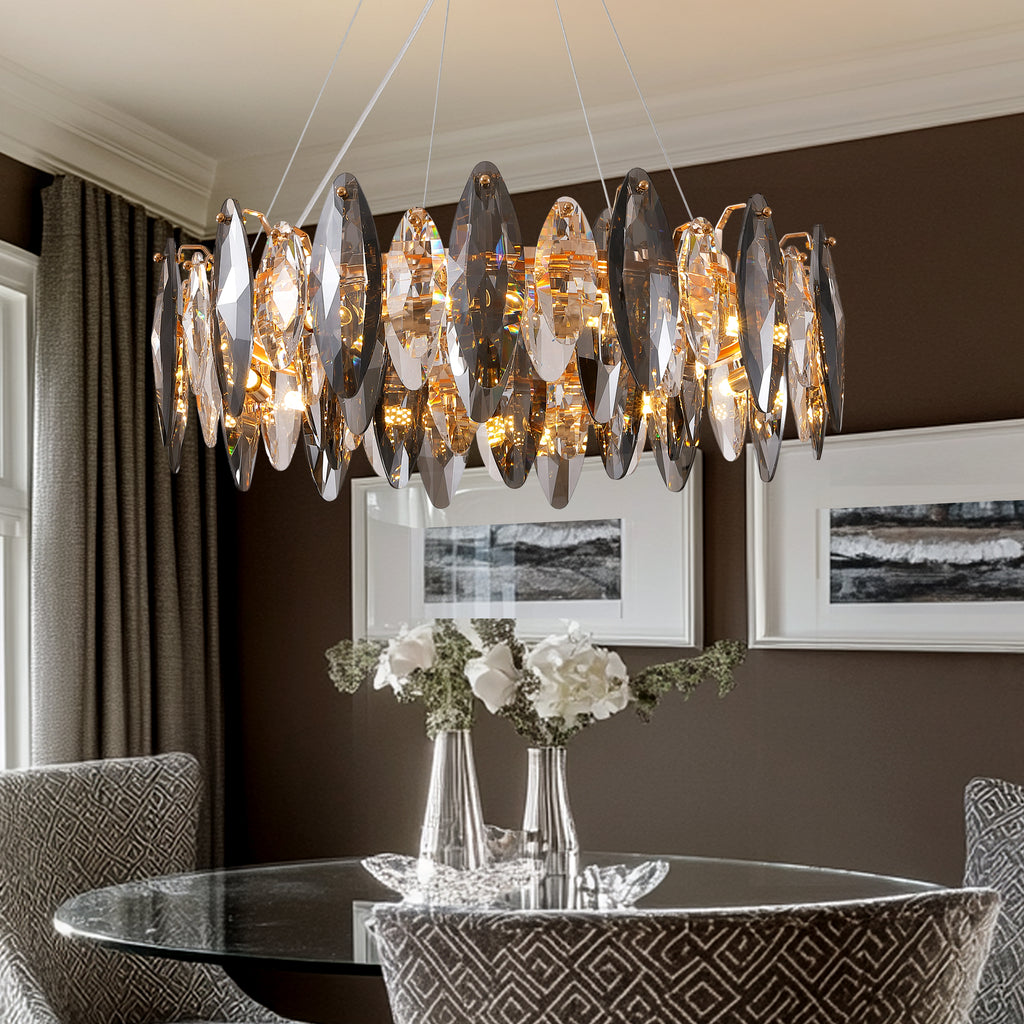 12-Light Dimmable Drum Crystal Chandelier, Modern Luxury Lighting for Kitchen Island Dining Room