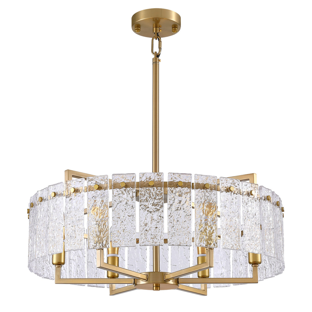 6 - Light Dimmable Gold Drum Chandelier with Textured Glass, Modern Lighting for Kitchen Island or Dining Room