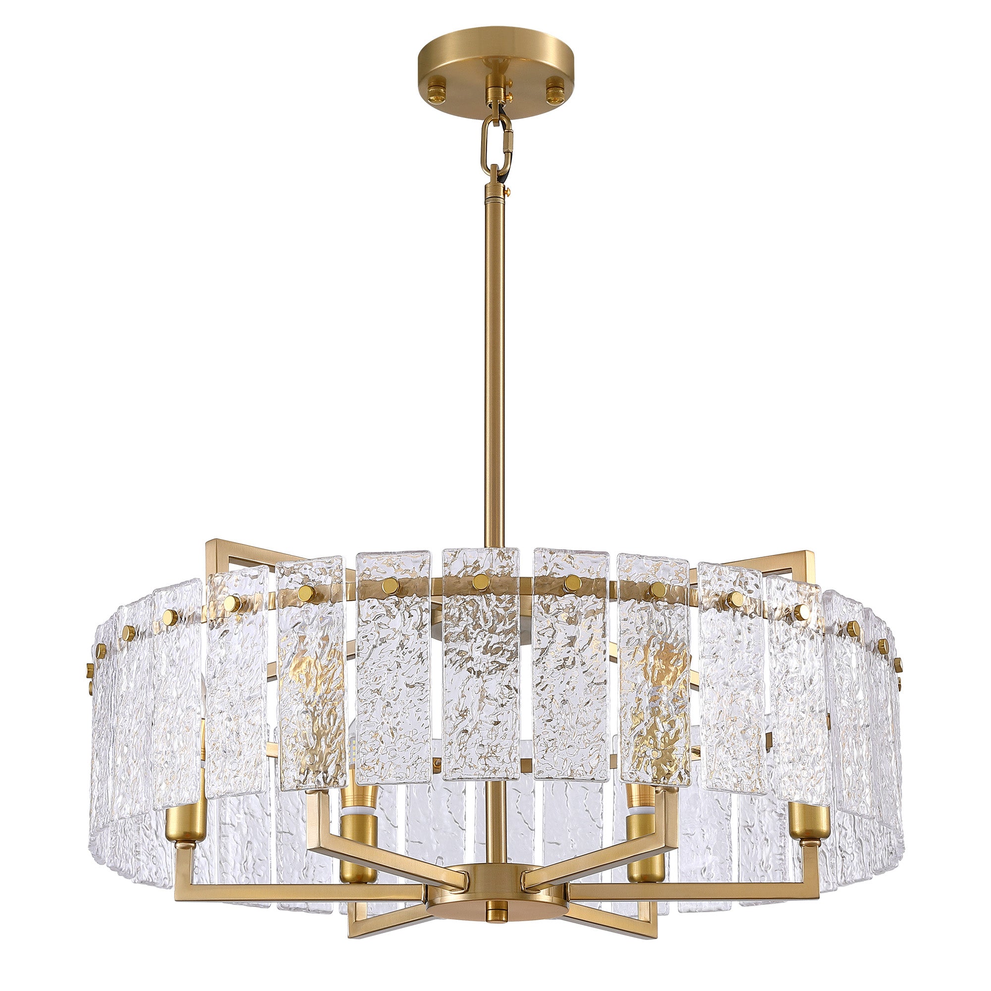 6 - Light Dimmable Gold Drum Chandelier with Textured Glass, Modern Lighting for Kitchen Island or Dining Room