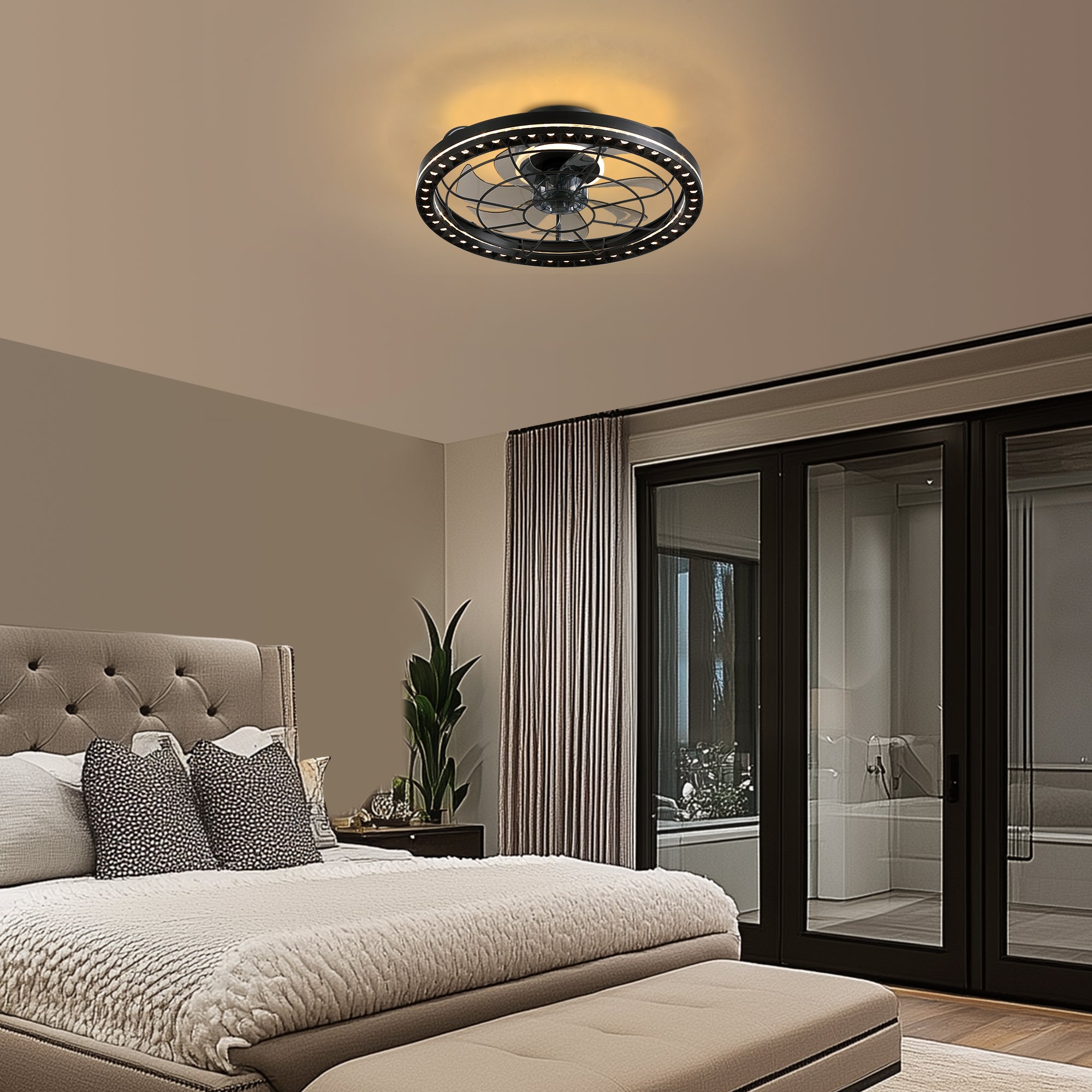 19 in. Indoor Black Low Profile Caged Ceiling Fan with Lights with Remote Included