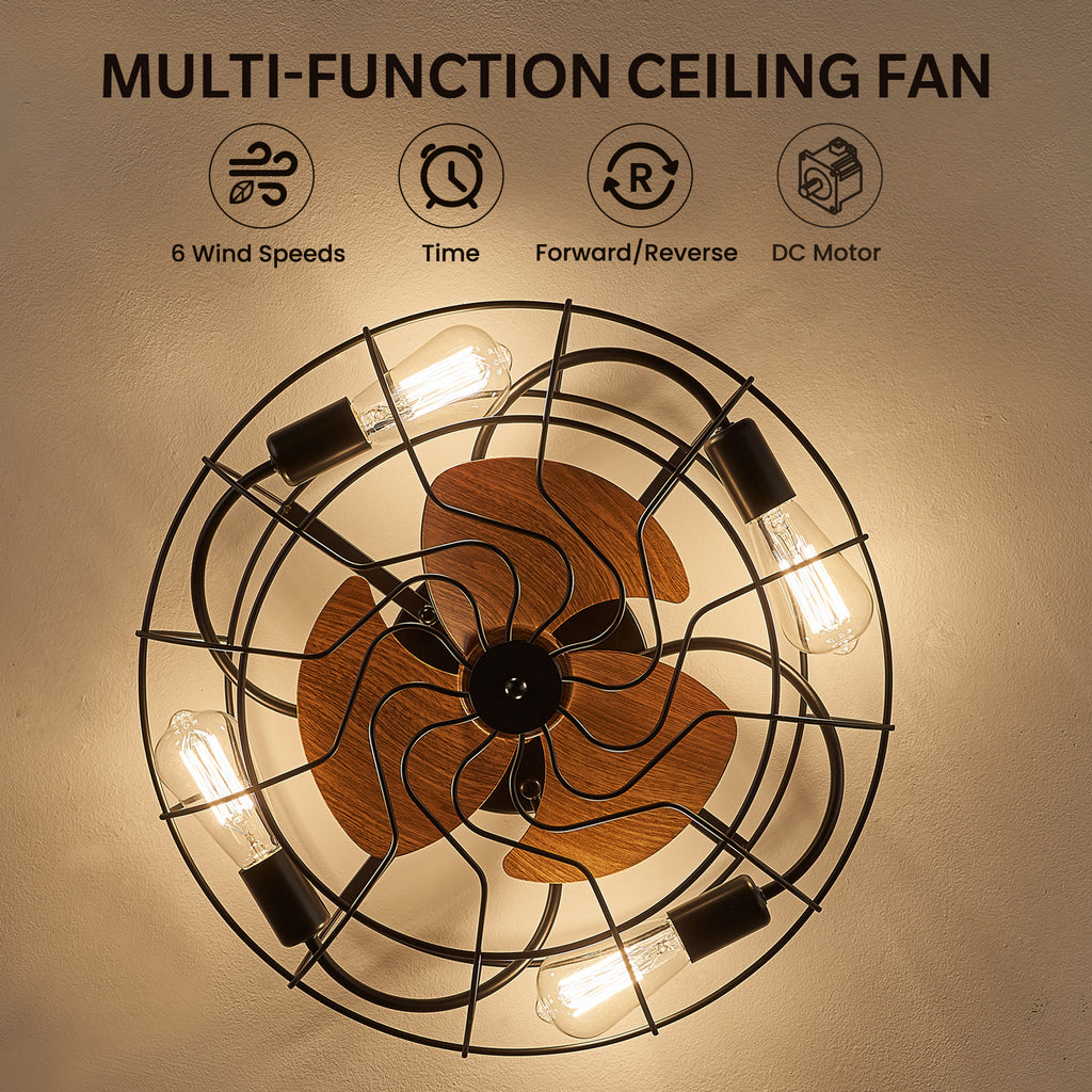 20.4 in. Farmhouse Indoor Matte Black Low Profile Caged Ceiling Fan with Remote Control Included