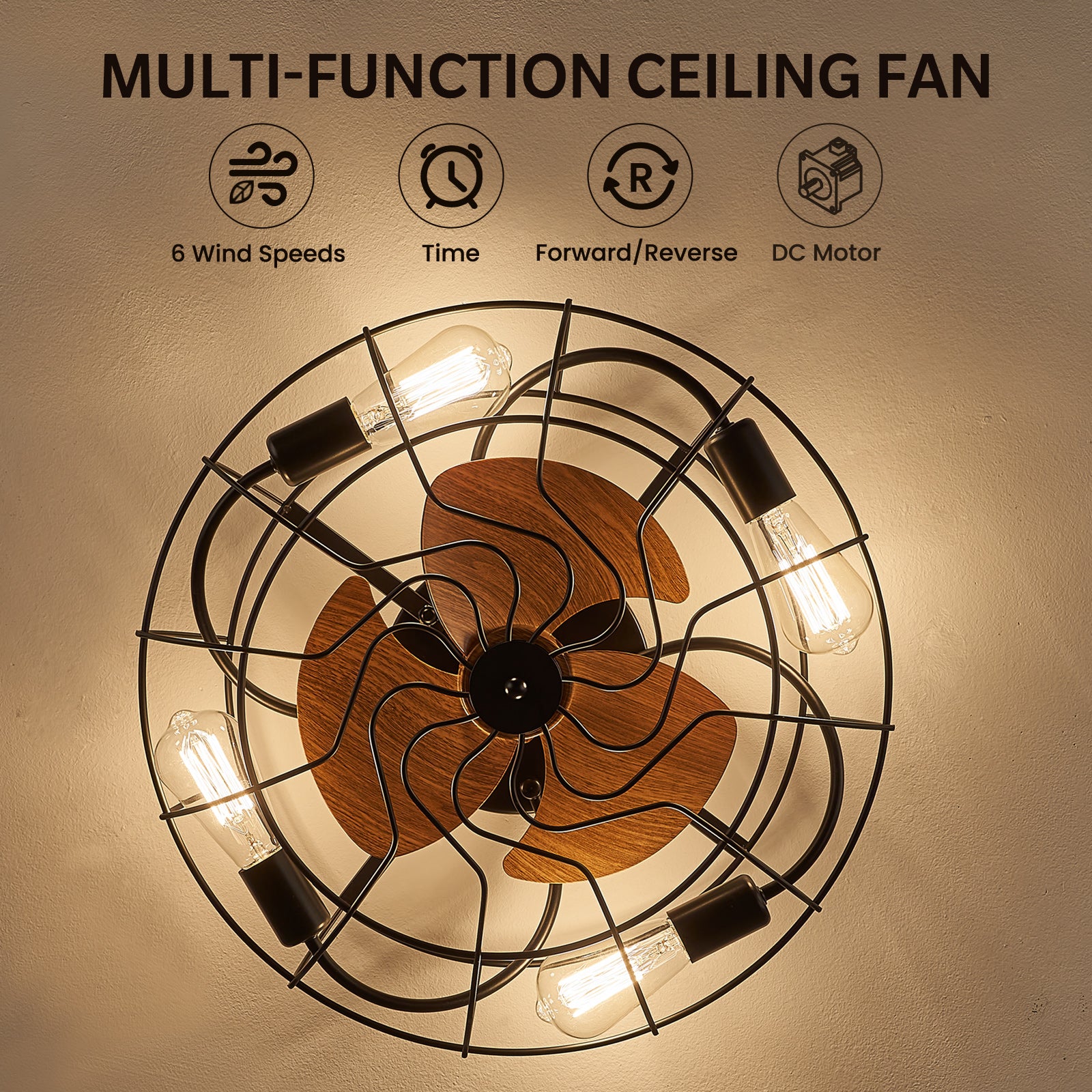 20.4 in. Farmhouse Indoor Matte Black Low Profile Caged Ceiling Fan with Remote Control Included