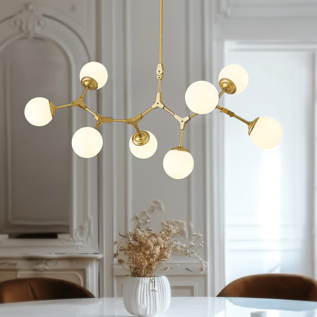 8-Light Dimmable Modern Sputnik Linear Chandelier with Glass Globe Shades