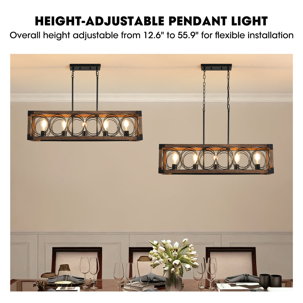 5 - Light Dimmable Modern Farmhouse Rectangle Solid Wood Chandelier