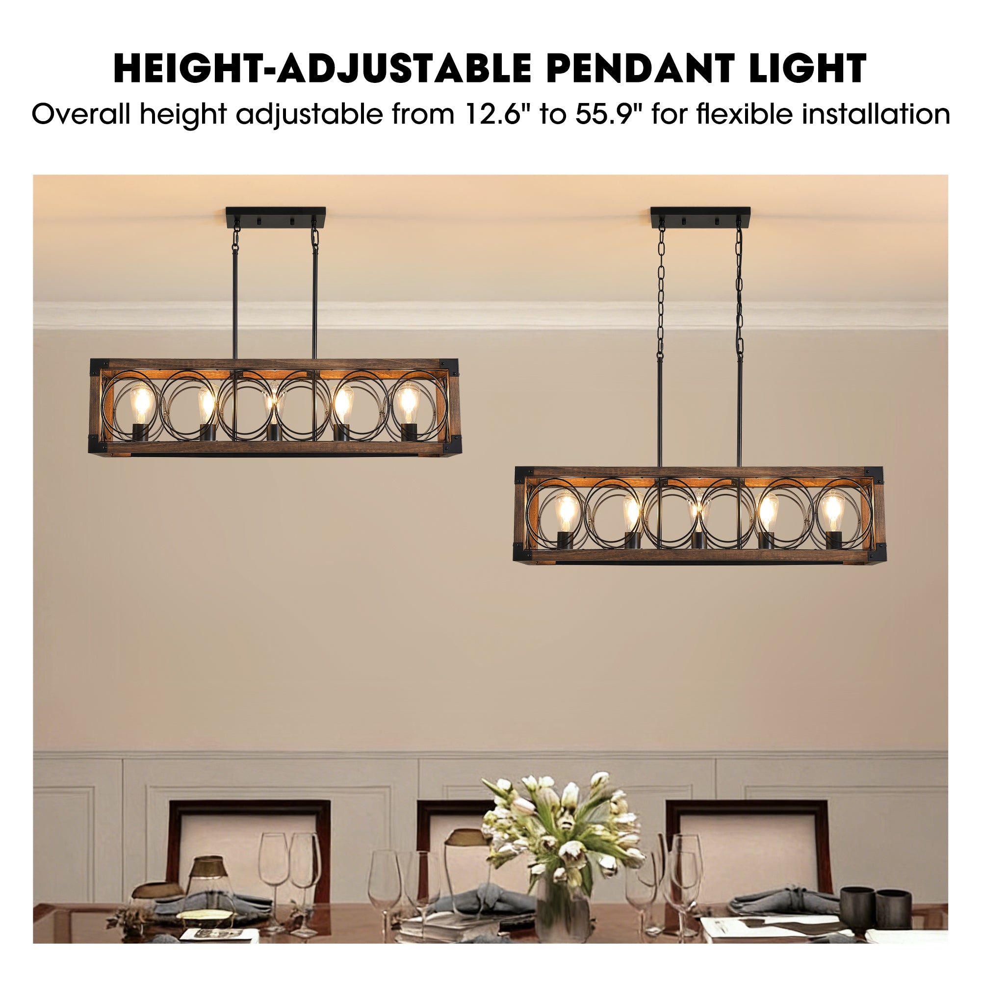5 - Light Dimmable Modern Farmhouse Rectangle Solid Wood Chandelier