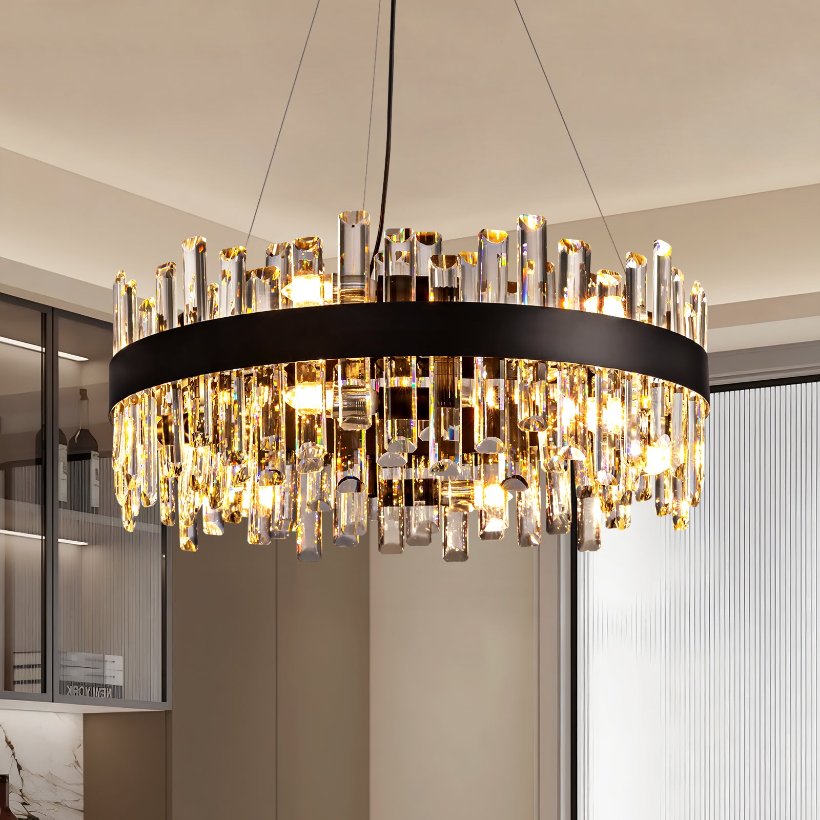 24 in. Modern 12-Light Black Crystal Chandelier Circle Round 2-Tiers Chandelier for Dining Living Room Bedroom