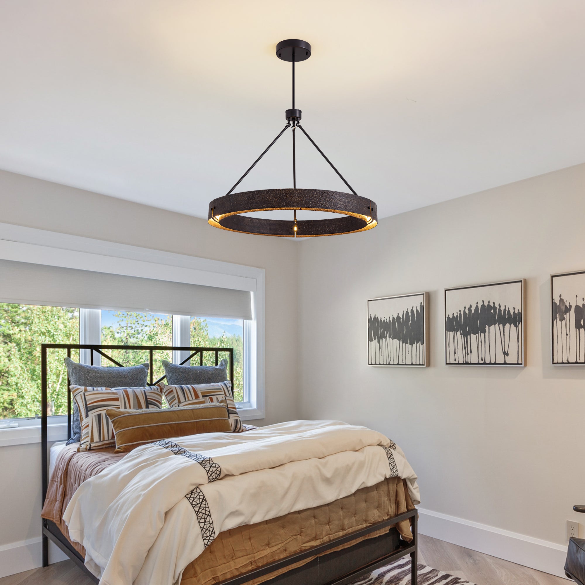 31.5" Rustic Round Chandelier With Integrated Led, Vintage Industrial Farmhouse Ceiling Light