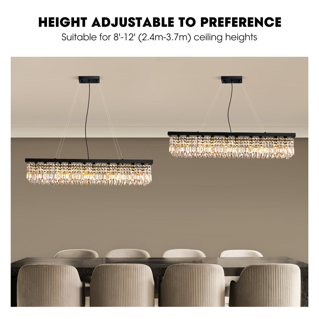 10-Light Dimmable Crystal Rectangle Chandelier for Kitchen Island and Dining Room, Modern Luxury Gold Ceiling Light