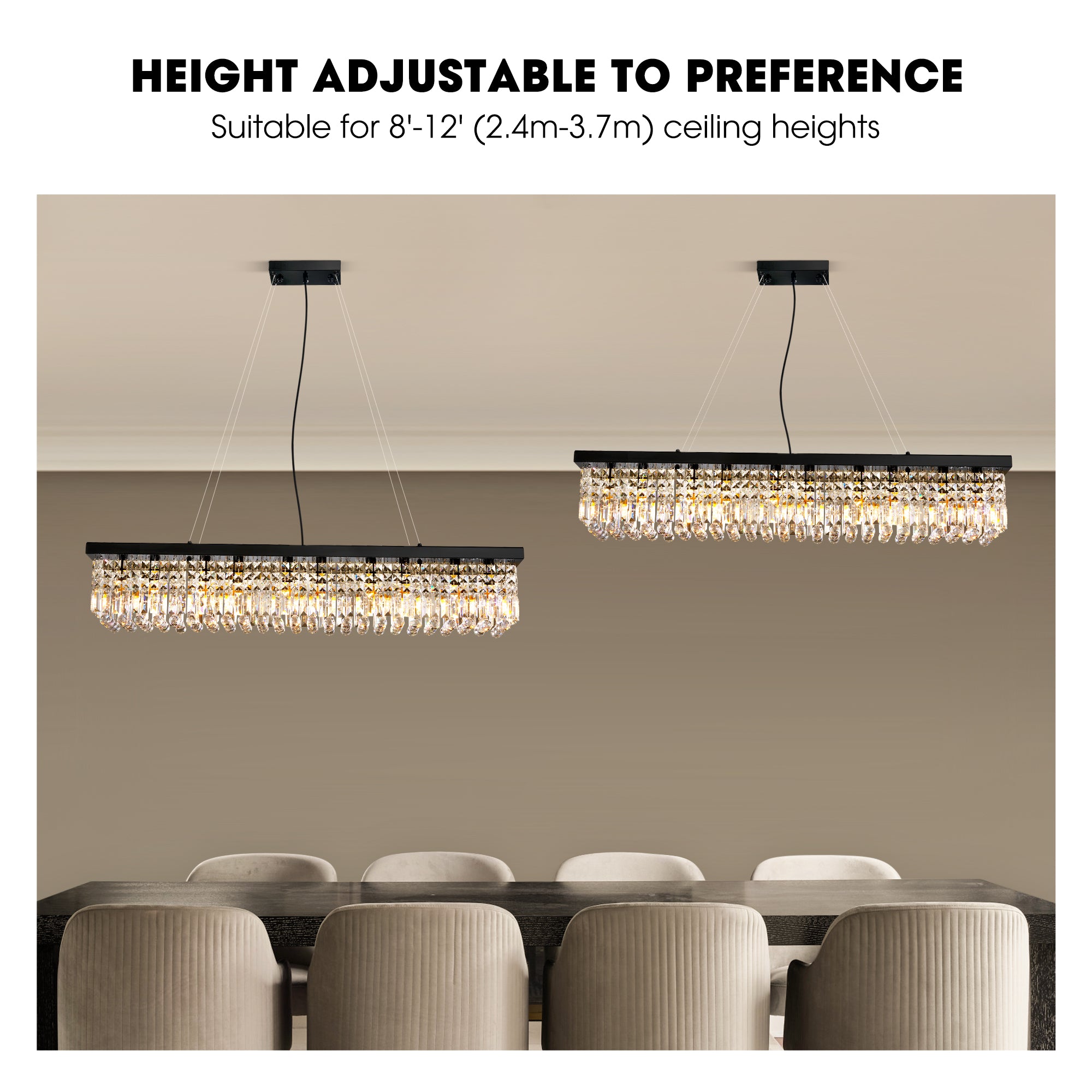 10-Light Dimmable Crystal Rectangle Chandelier for Kitchen Island and Dining Room, Modern Luxury Gold Ceiling Light