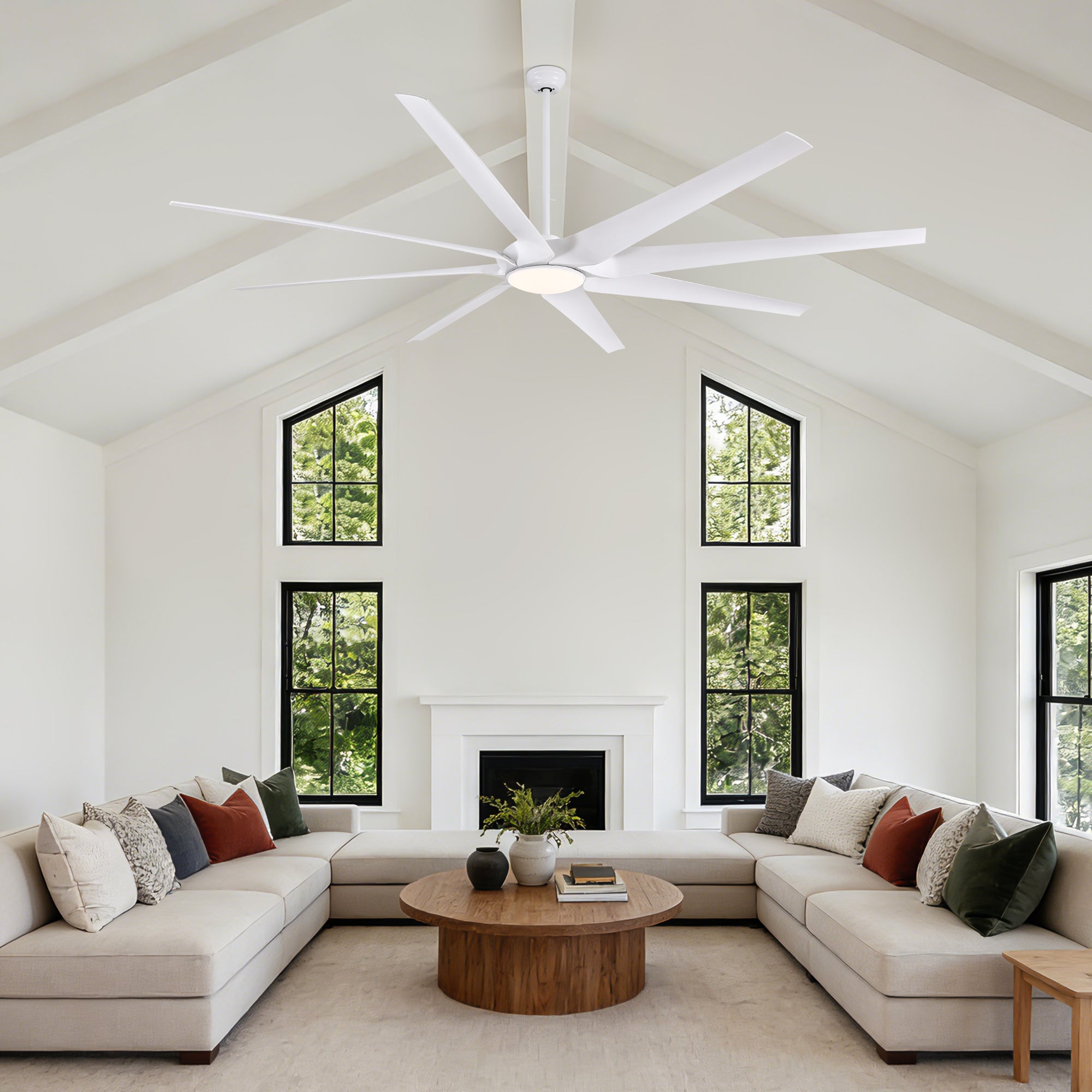 100 in. Smart Indoor White Industrial Large Downrod 8-Blade Ceiling Fans with Lights and Remote Dimmable