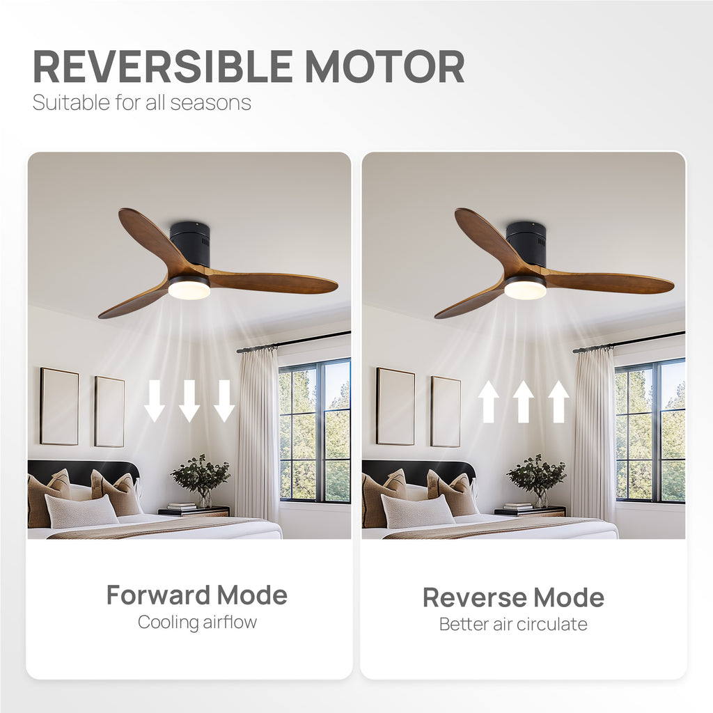 52" 3 -Blade Flush Mount Ceiling Fan with Light Kit, Remote Control and Quiet DC Motor for Bedroom