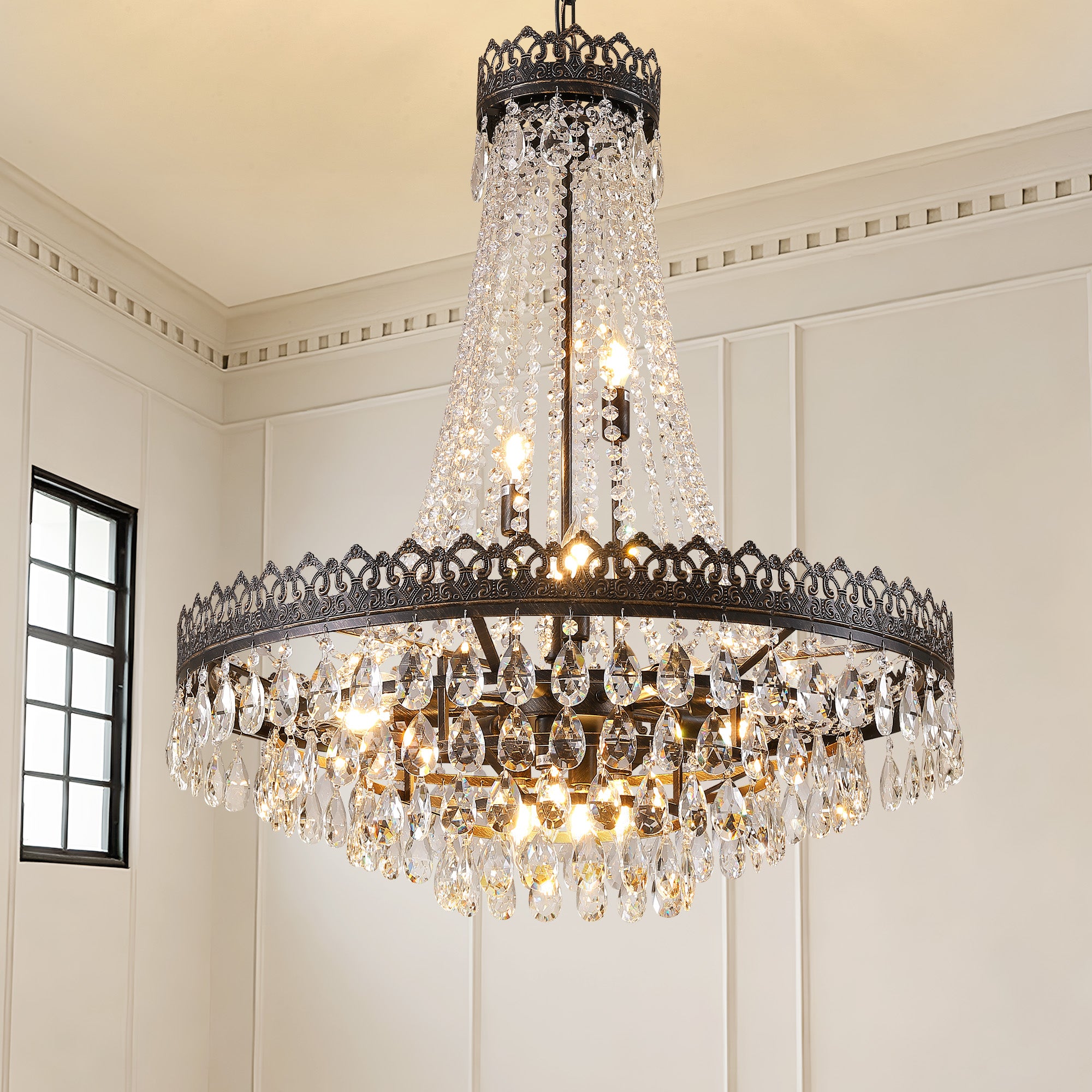 16-light Dimmable Empire Crystal Chandelier With Antique Bronze Accents