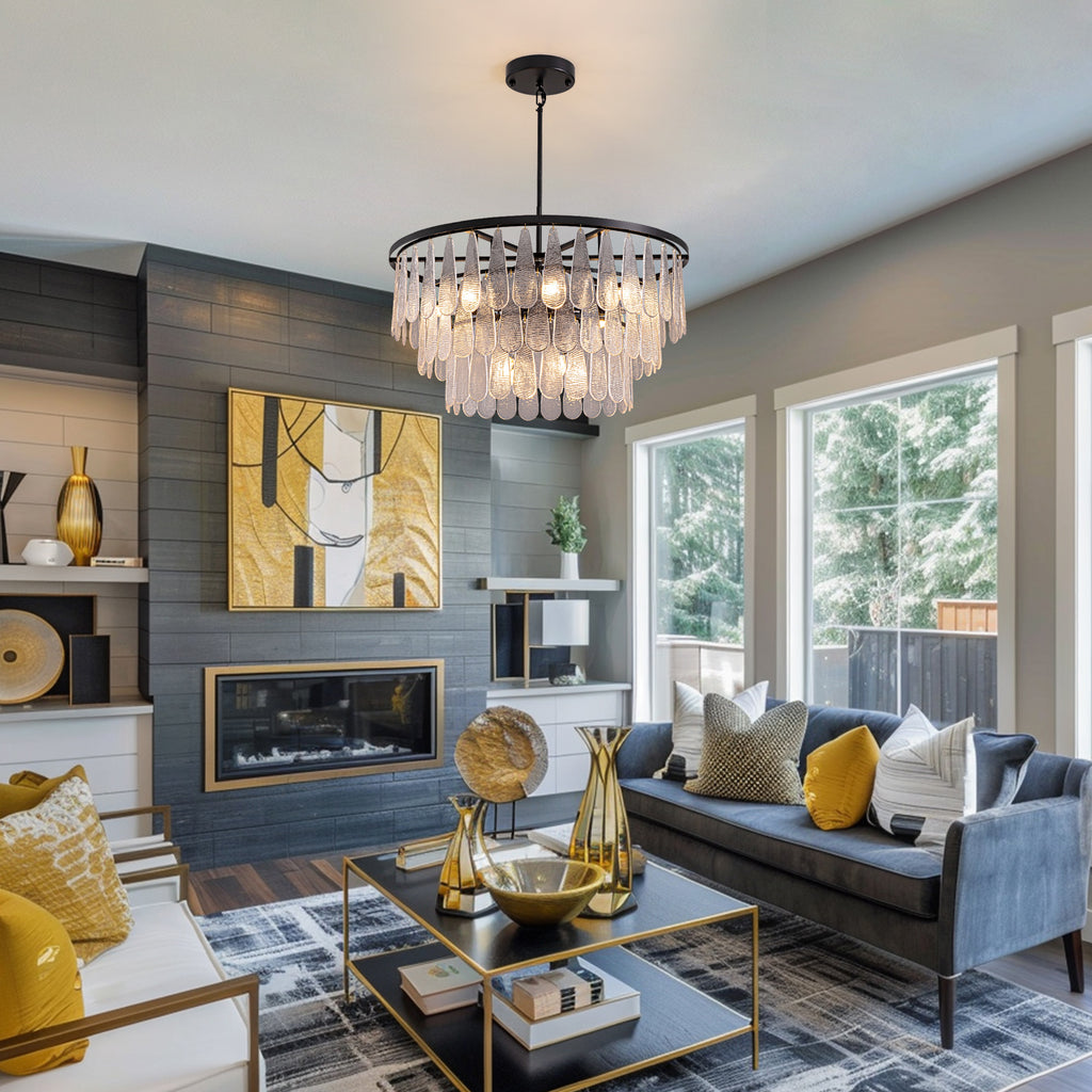 31.5 in. Modern 12-Lights Black Glass Chandelier with Light Dining Room or Kitchen